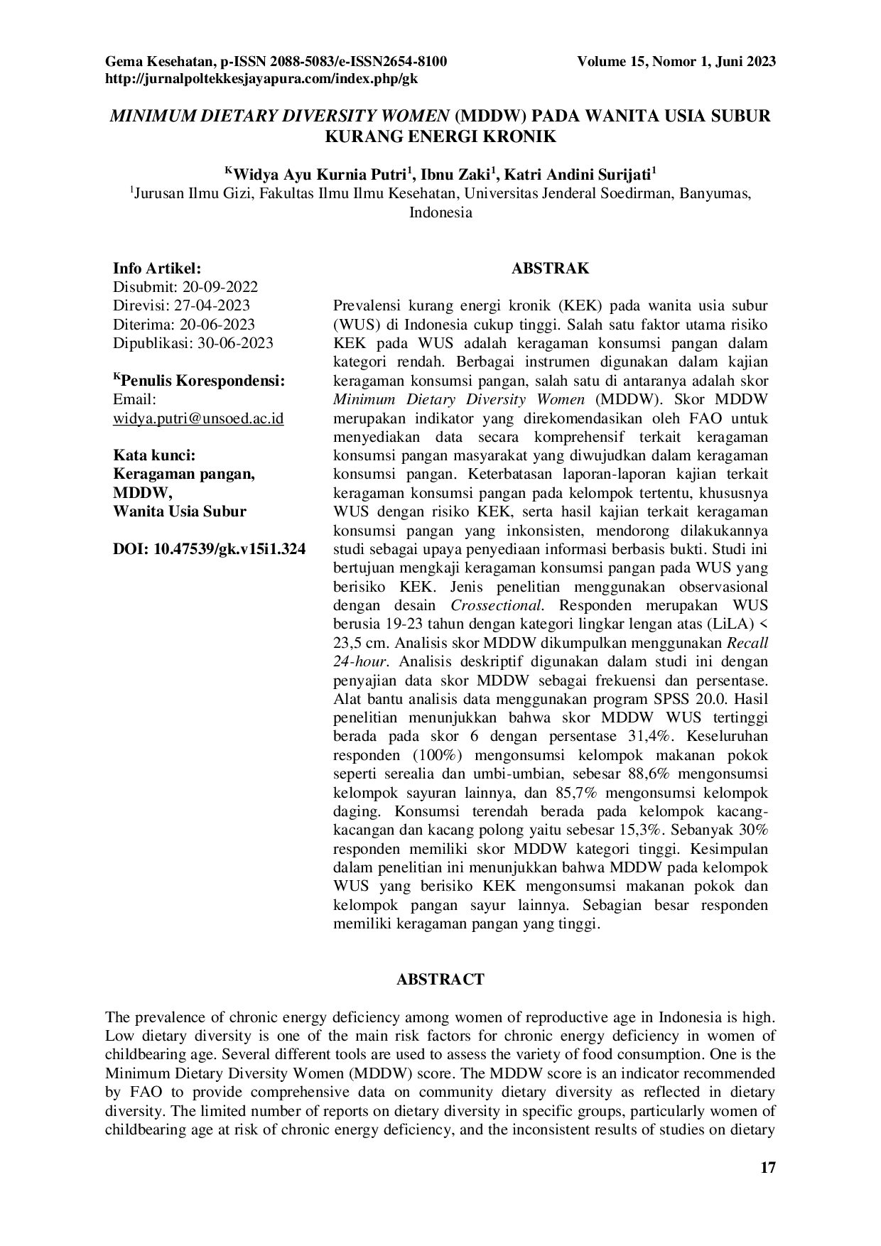 juris Minimum Dietary Diversity Women MDDW Pada Wanita Usia Subur Kurang Energi Kronik