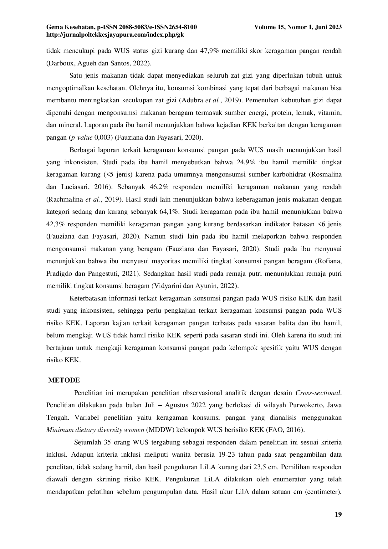 juris Minimum Dietary Diversity Women MDDW Pada Wanita Usia Subur Kurang Energi Kronik