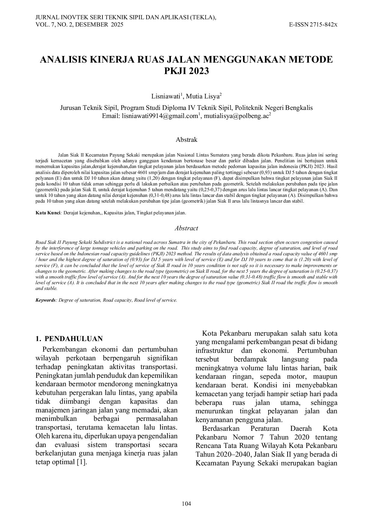 JURIS Analisis Kinerja Ruas Jalan Menggunakan Metode PKJI 2023