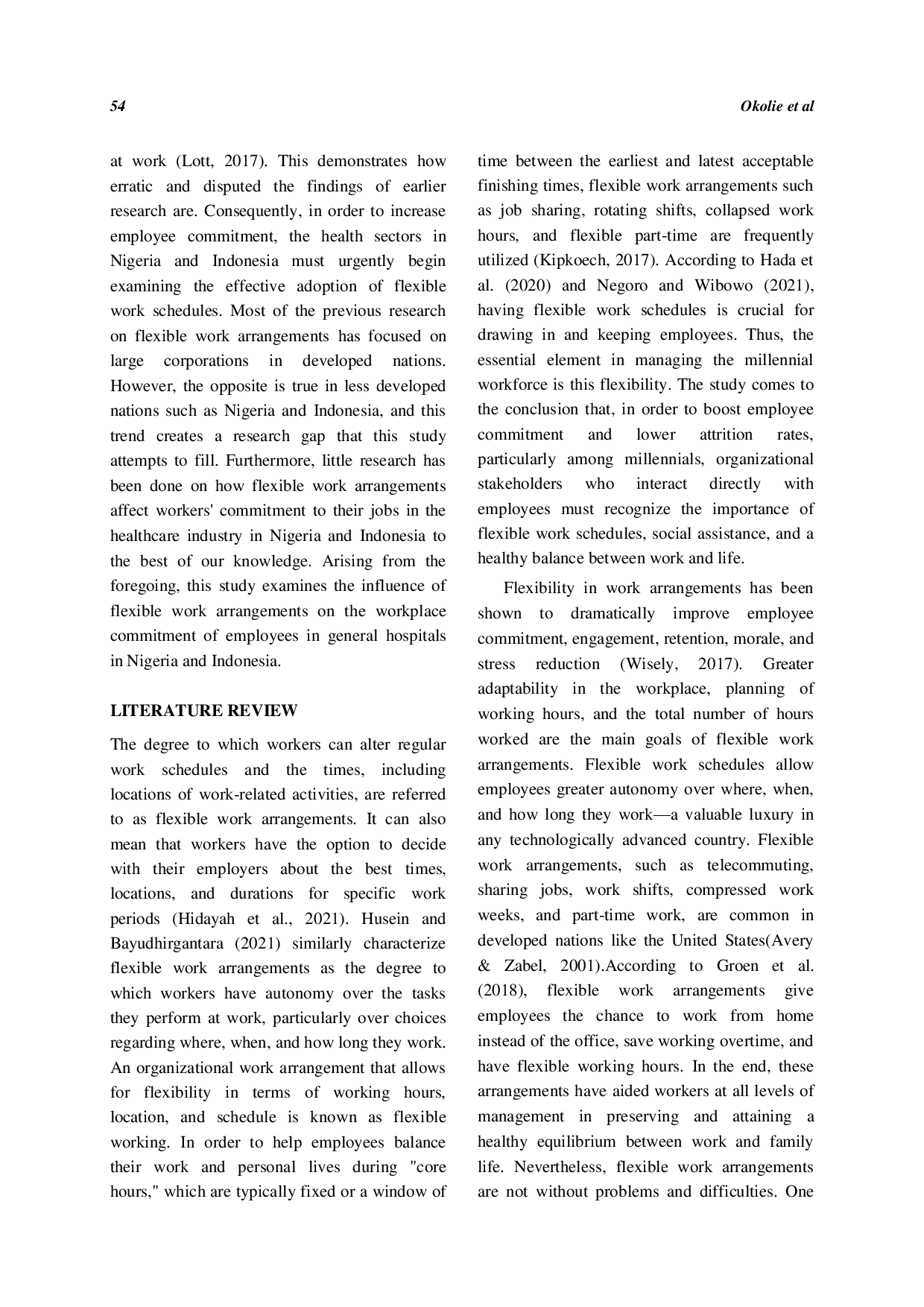 JURIS Flexible Work Arrangements and the Workplace Commitment of Employees in General Hospitals in Nigeria and Indonesia