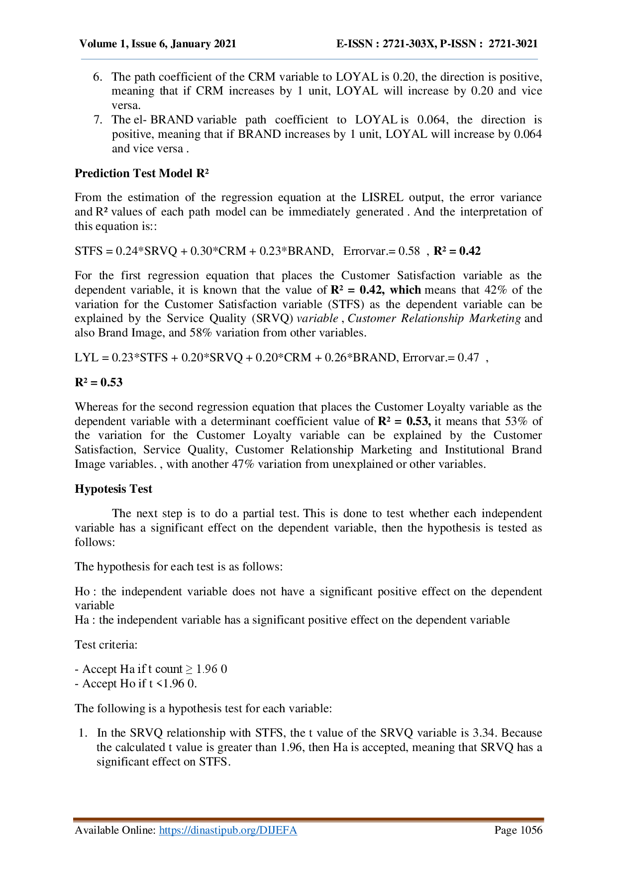 juris The Effect Of Service Quality Customer Relationship Marketing And Brand Image On Customer Loyalty And Customer Satisfaction As An Intervening Variable