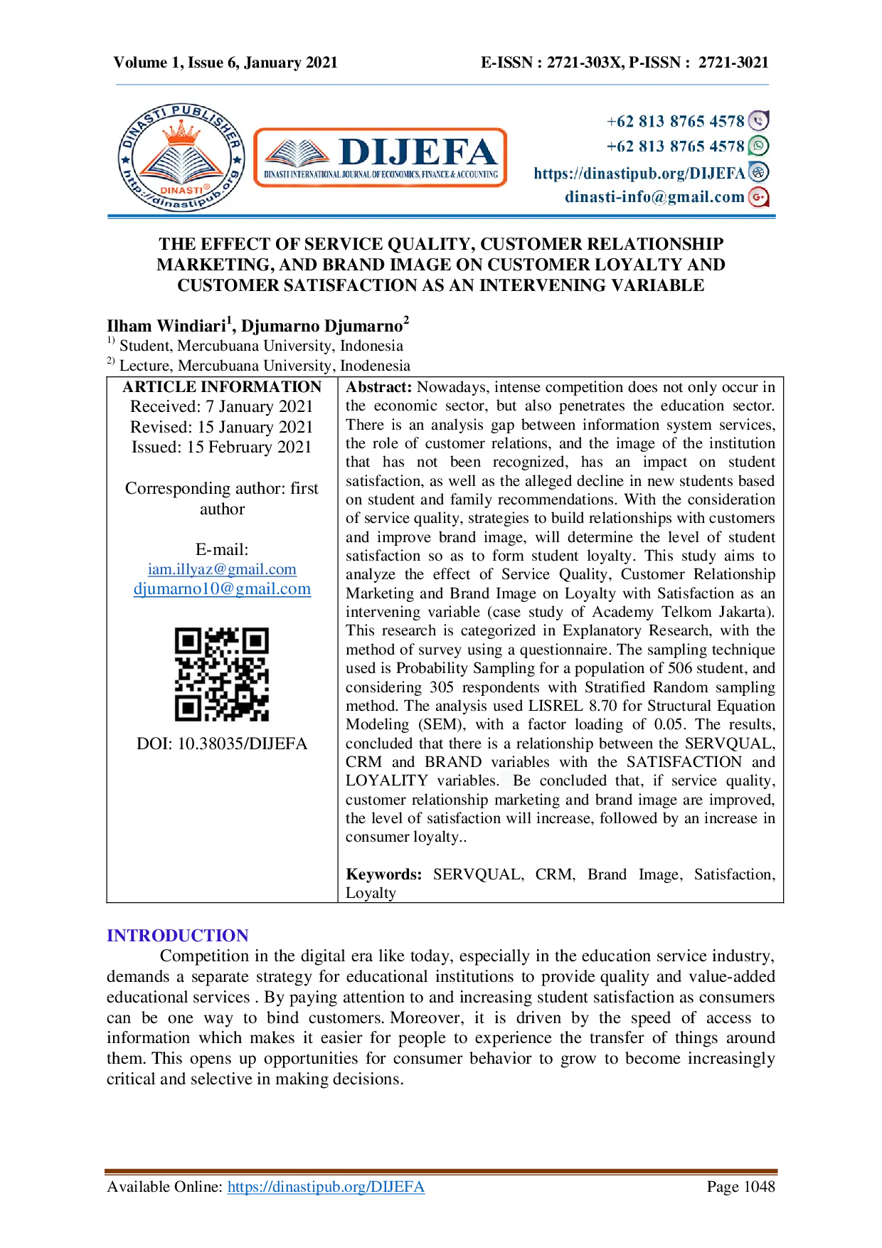 juris The Effect Of Service Quality Customer Relationship Marketing And Brand Image On Customer Loyalty And Customer Satisfaction As An Intervening Variable