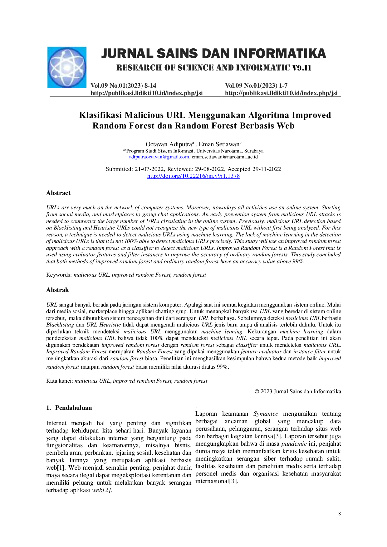 JURIS Klasifikasi Malicious URL Menggunakan Algoritma Improved Random Forest dan Random Forest Berbasis Web