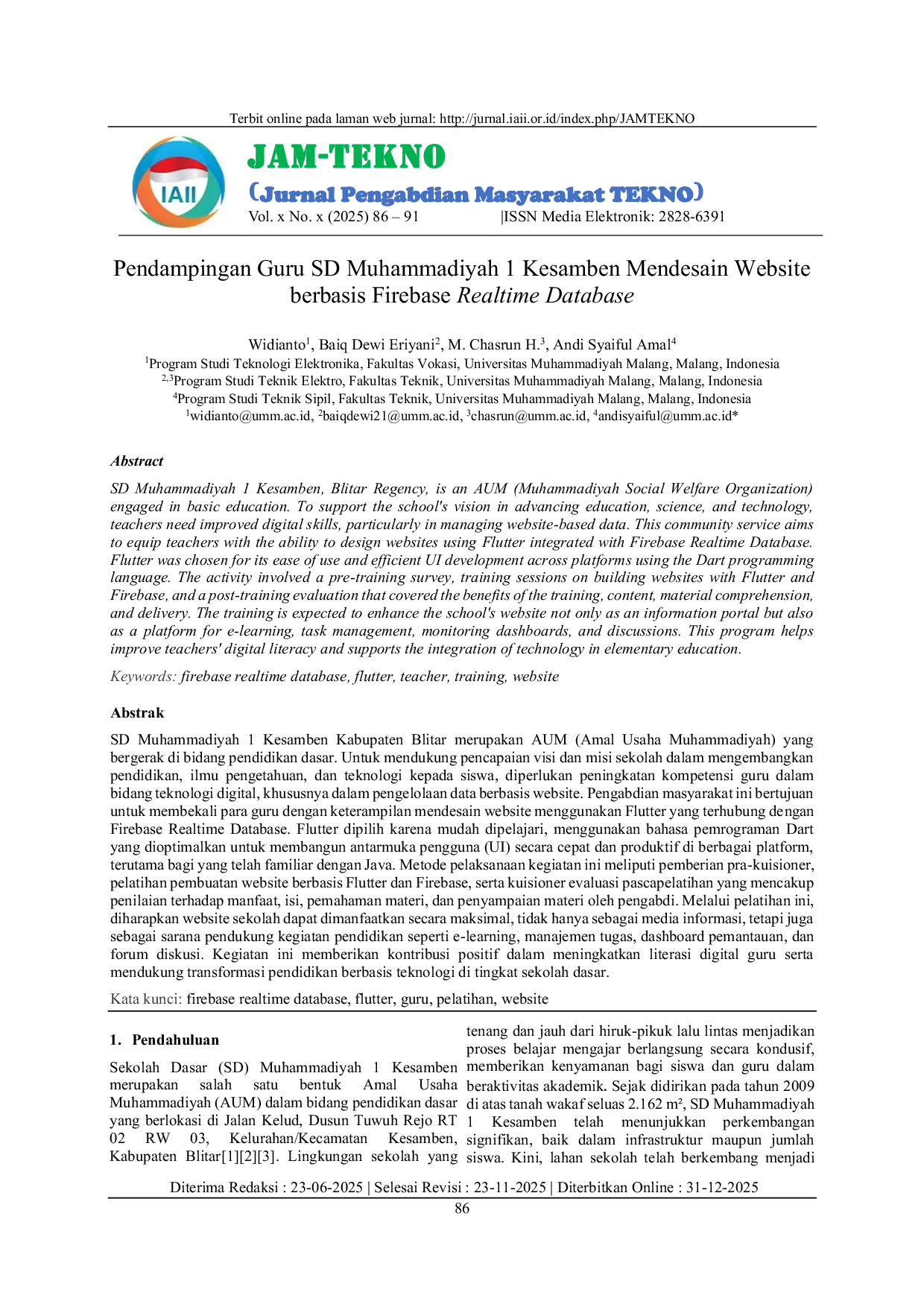 JURIS Pendampingan Guru SD Muhammadiyah 1 Kesamben Mendesain Website Berbasis Firebase Realtime Database