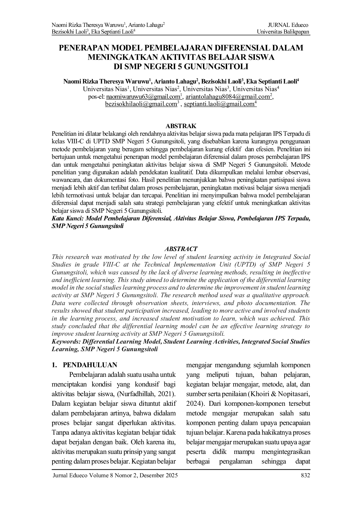 JURIS Penerapan Model Pembelajaran Diferensial dalam Meningkatkan Aktivitas Belajar Siswa di SMP Negeri 5 Gunungsitoli