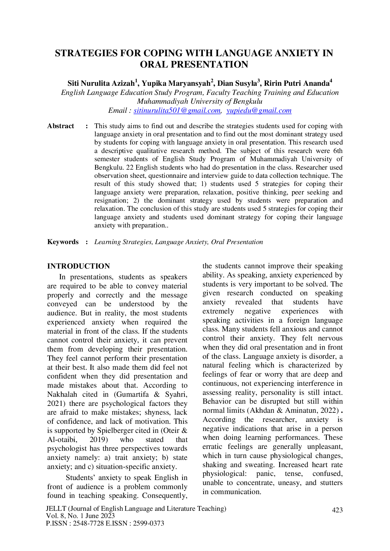 JURIS Strategies for Coping with Language Anxiety in Oral Presentation