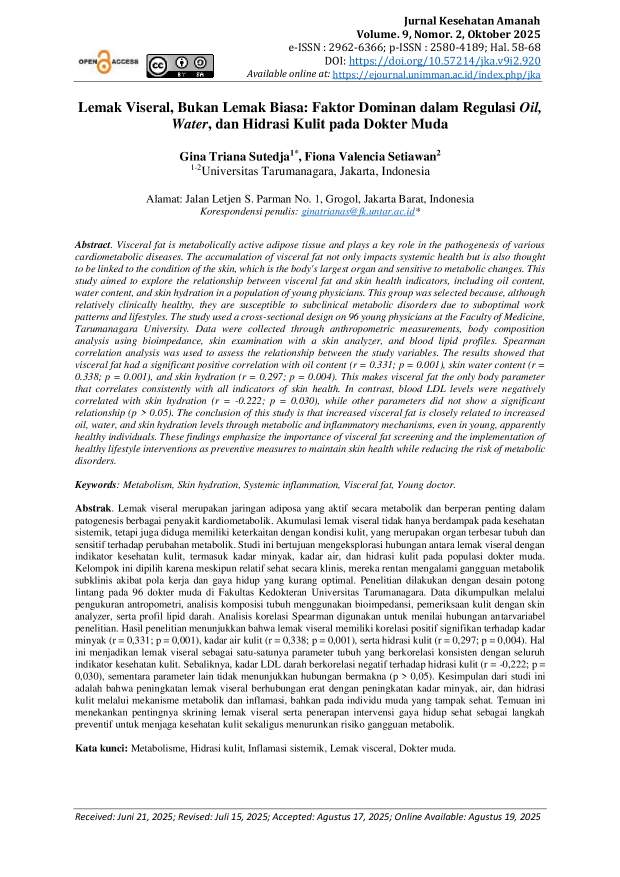 JURIS Lemak Viseral Bukan Lemak Biasa Faktor Dominan dalam Regulasi Oil Water dan Hidrasi Kulit pada Dokter Muda