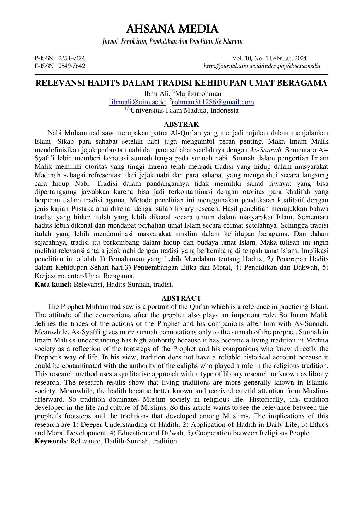 JURIS Relevansi Hadits Dalam Tradisi Kehidupan Umat Beragama