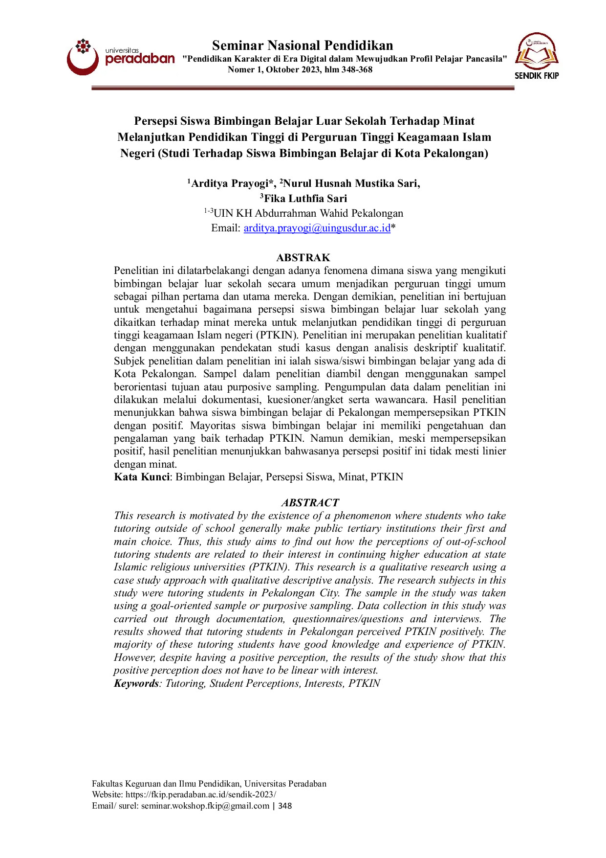 JURIS Persepsi Siswa Bimbingan Belajar Luar Sekolah Terhadap Minat Melanjutkan Pendidikan Tinggi di Perguruan Tinggi Keagamaan IslamNegeri Studi Terhadap Siswa Bimbingan Belajar di Kota Pekalongan