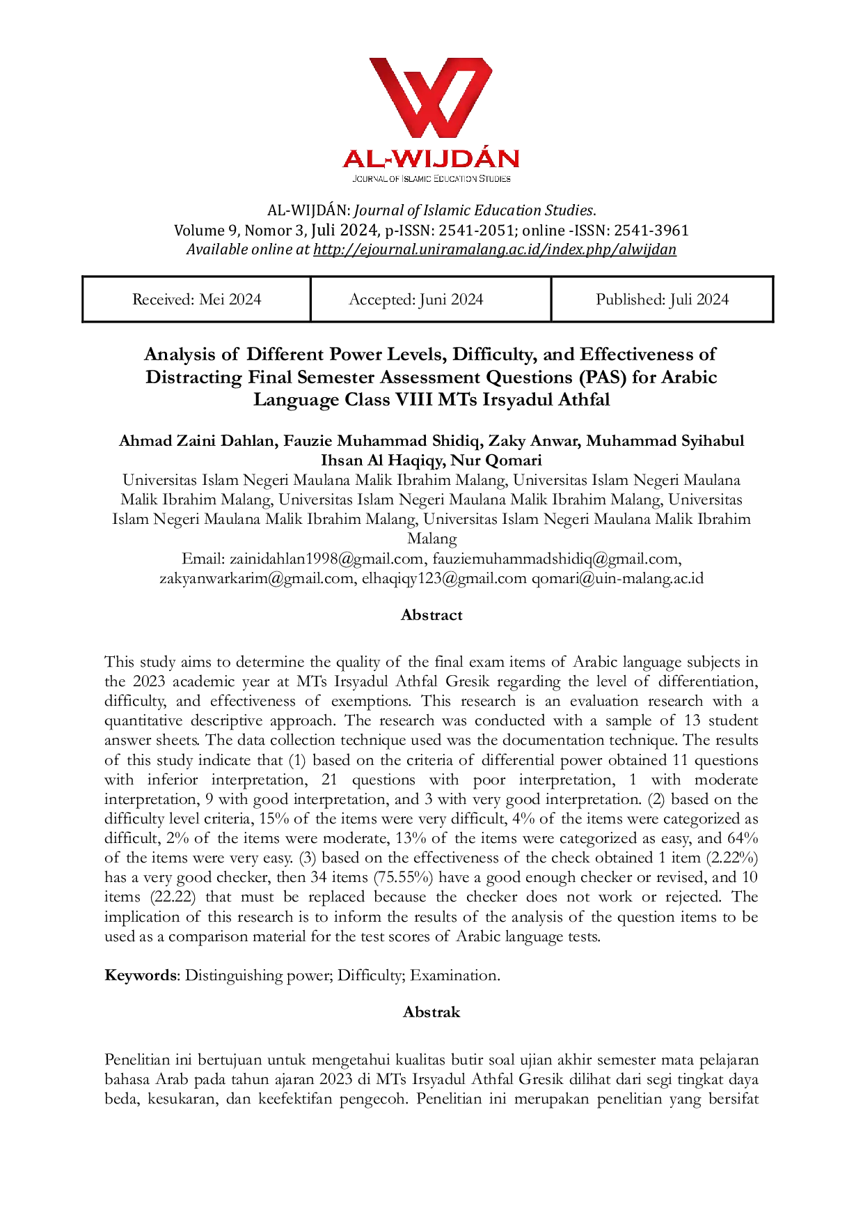 JURIS Analysis Of Different Power Levels Difficulty And Effectiveness of Distracting Final Semester Assessment Questions PAS For Arabic Language Class VIII MTs Irsyadul Athfal