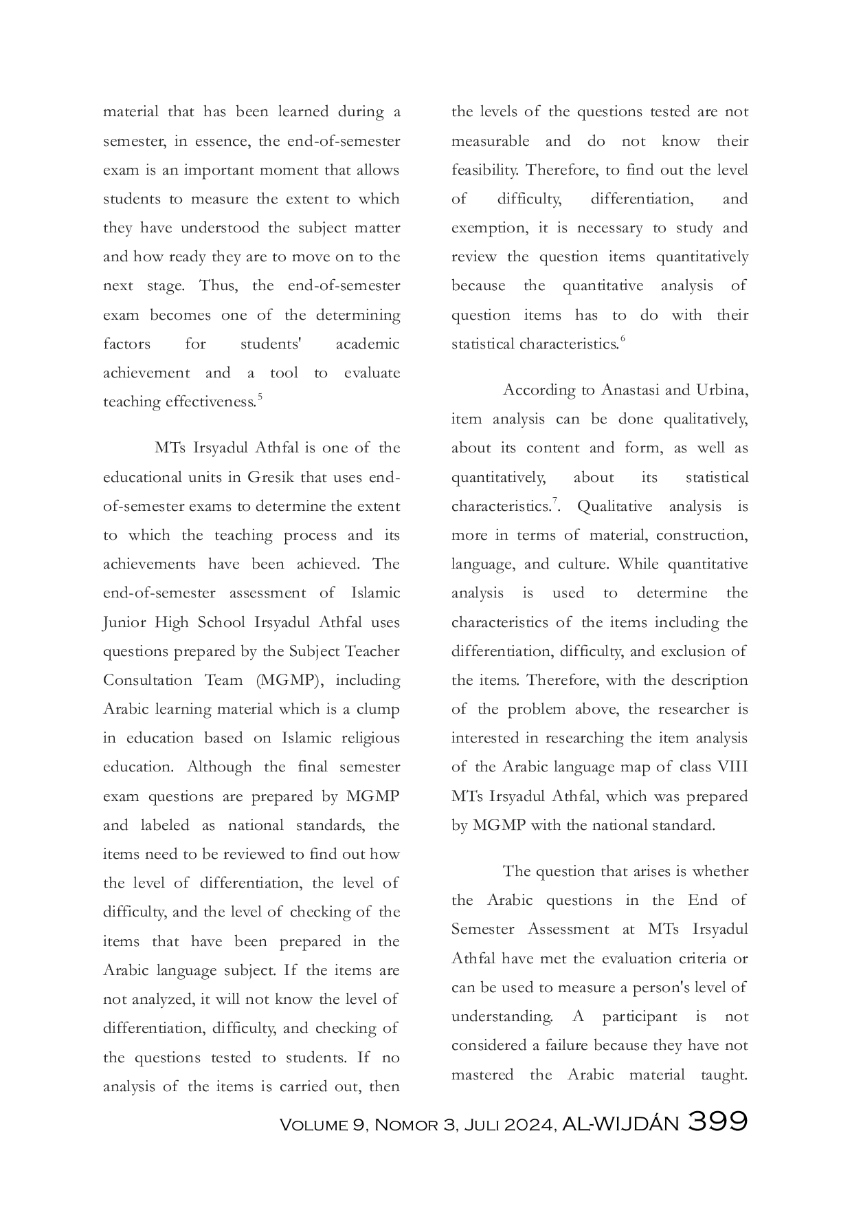 JURIS Analysis Of Different Power Levels Difficulty And Effectiveness of Distracting Final Semester Assessment Questions PAS For Arabic Language Class VIII MTs Irsyadul Athfal