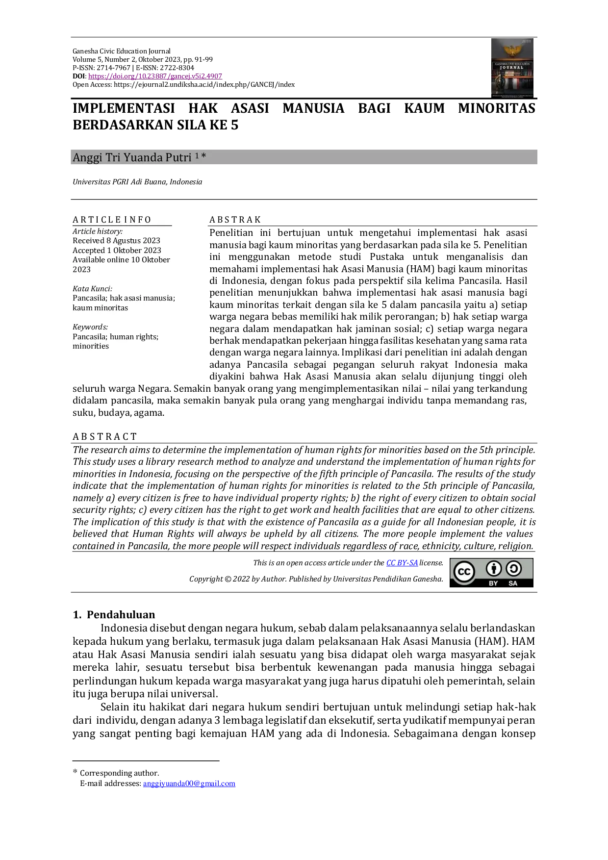 JURIS Implementasi Hak Asasi Manusia Bagi Kaum Minoritas Berdasarkan Sila Ke 5
