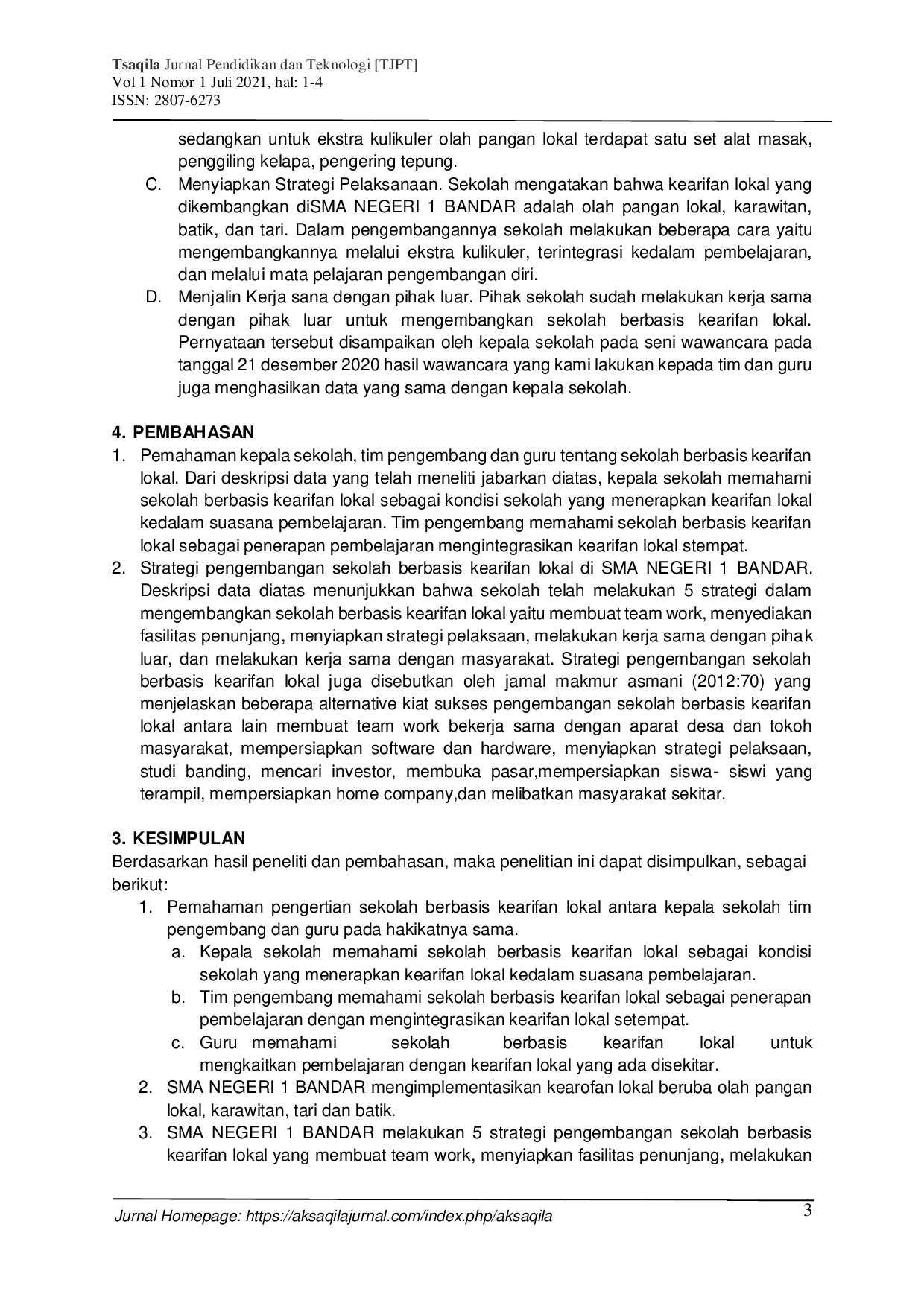 JURIS Implementasi Sekolah Berbasis Kearifan Lokal Di SMA Negeri 1 Bandar