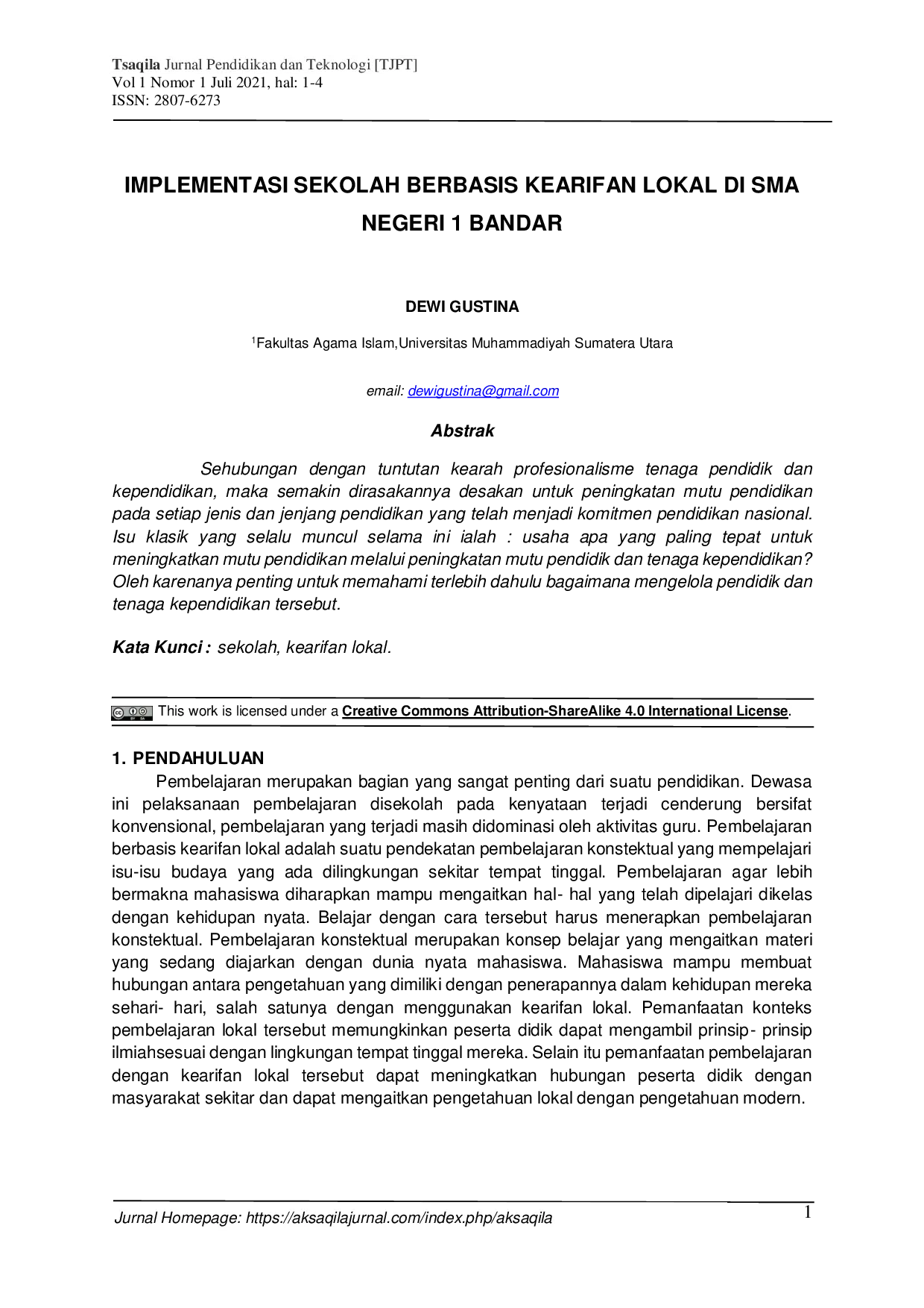 JURIS Implementasi Sekolah Berbasis Kearifan Lokal Di SMA Negeri 1 Bandar