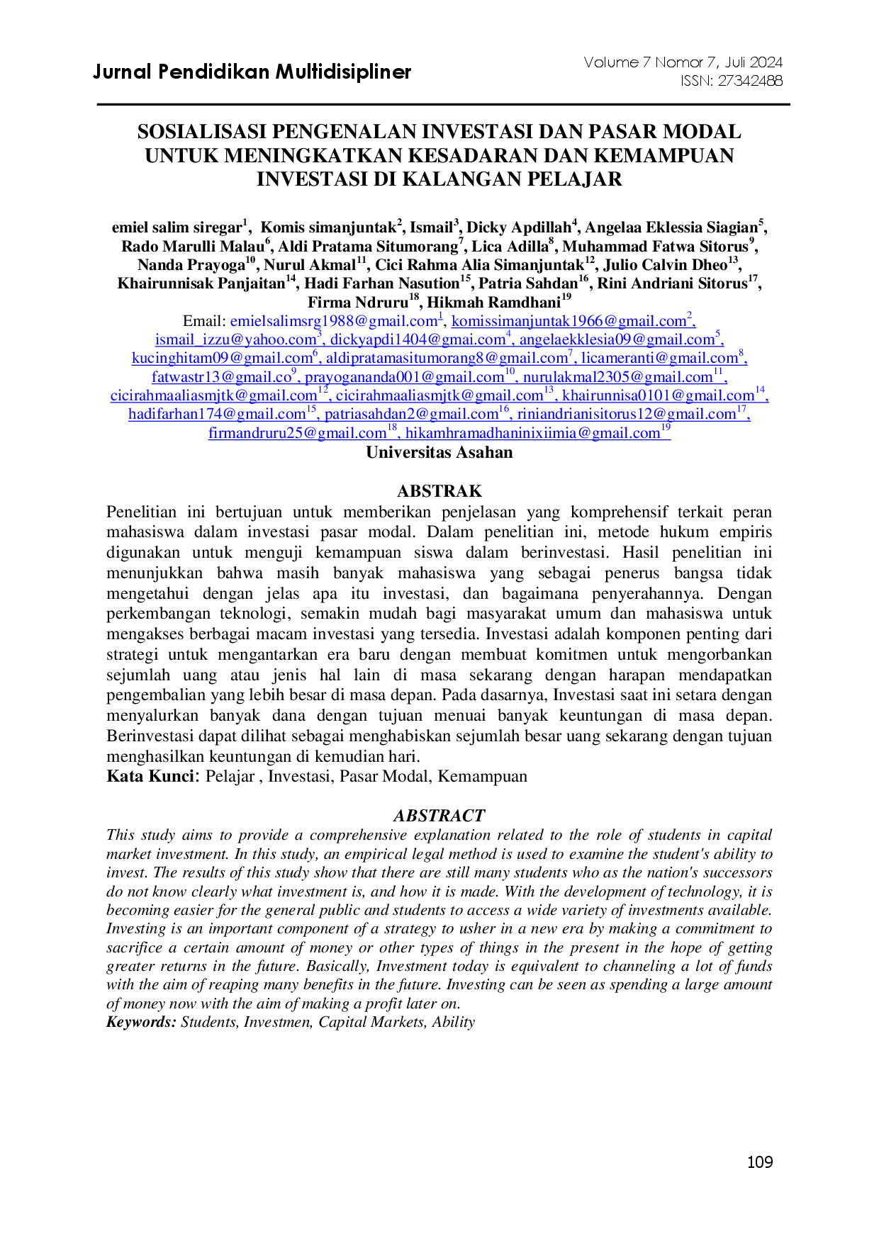 juris Sosialisasi Pengenalan Investasi Dan Pasar Modal Untuk Meningkatkan Kesadaran Dan Kemampuan Investasi Di Kalangan Pelajar