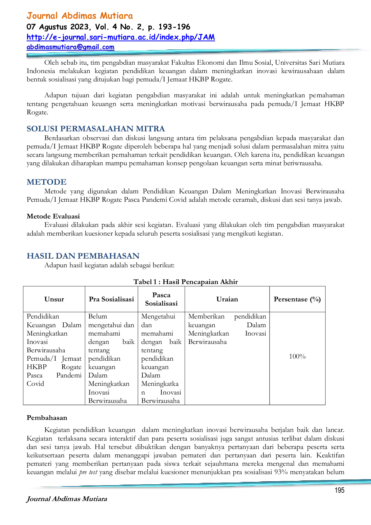 JURIS Pendidikan Keuangan Dalam Meningkatkan Inovasi Berwirausaha Pemuda I Jemaat HKBP Rogate Pasca Pandemi Covid