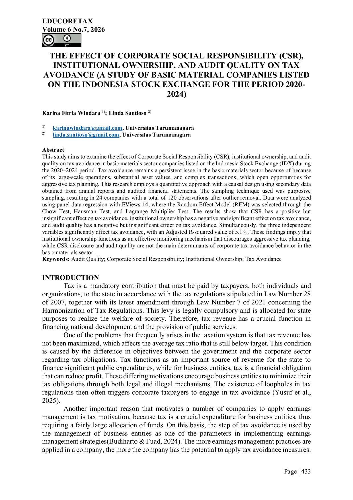 JURIS The effect of Corporate Social Responsibility CSR institutional ownership and audit quality on tax avoidance