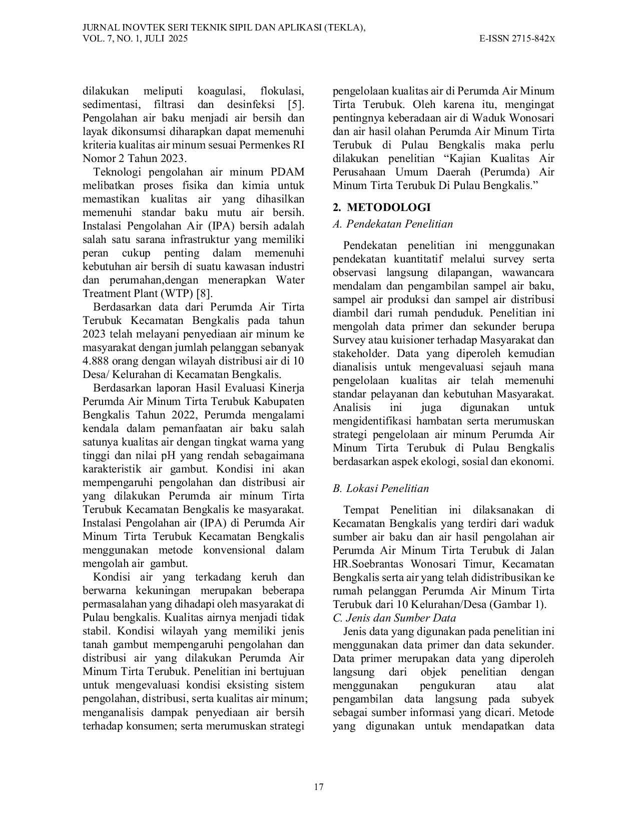 JURIS Kajian Pengelolaan Kualitas Air Perusahaan Umum Daerah Perumda Air Minum Tirta Terubuk
