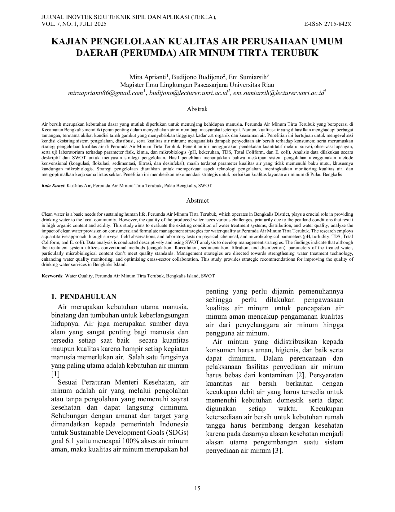 JURIS Kajian Pengelolaan Kualitas Air Perusahaan Umum Daerah Perumda Air Minum Tirta Terubuk