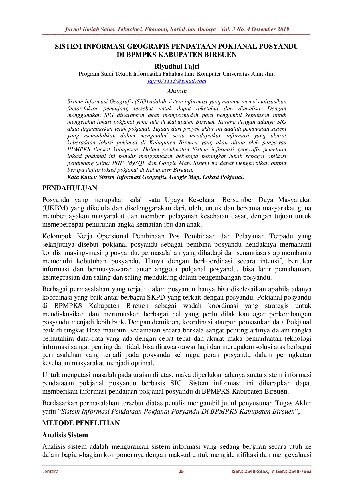 JURIS Sistem Informasi Geografis Pendataan Pokjanal Posyandu Di BPMPKS Kabupaten Bireuen