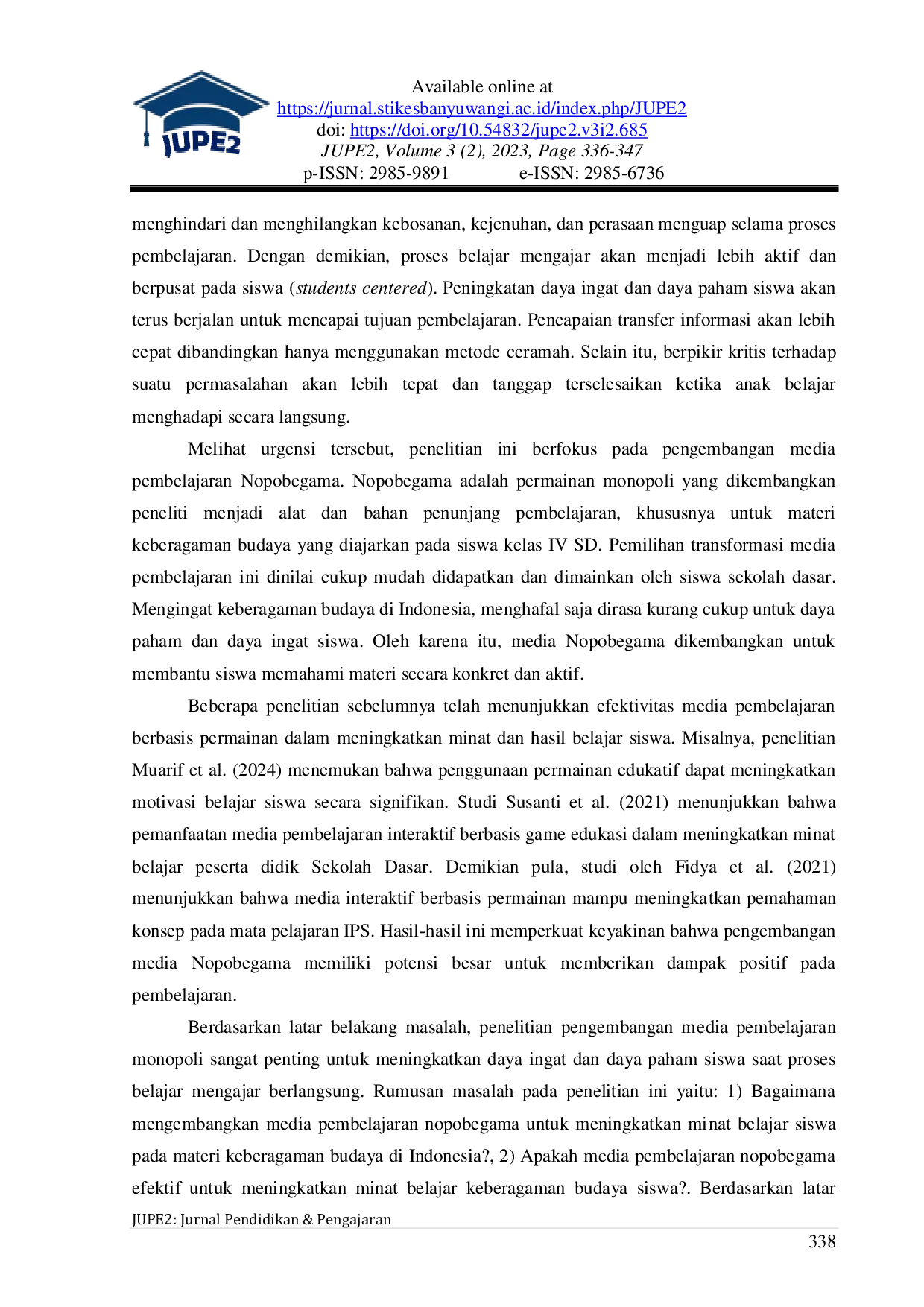 JURIS Pengembangan Media Pembelajaran Nopobegama Pada Siswa Kelas IV Sekolah Dasar