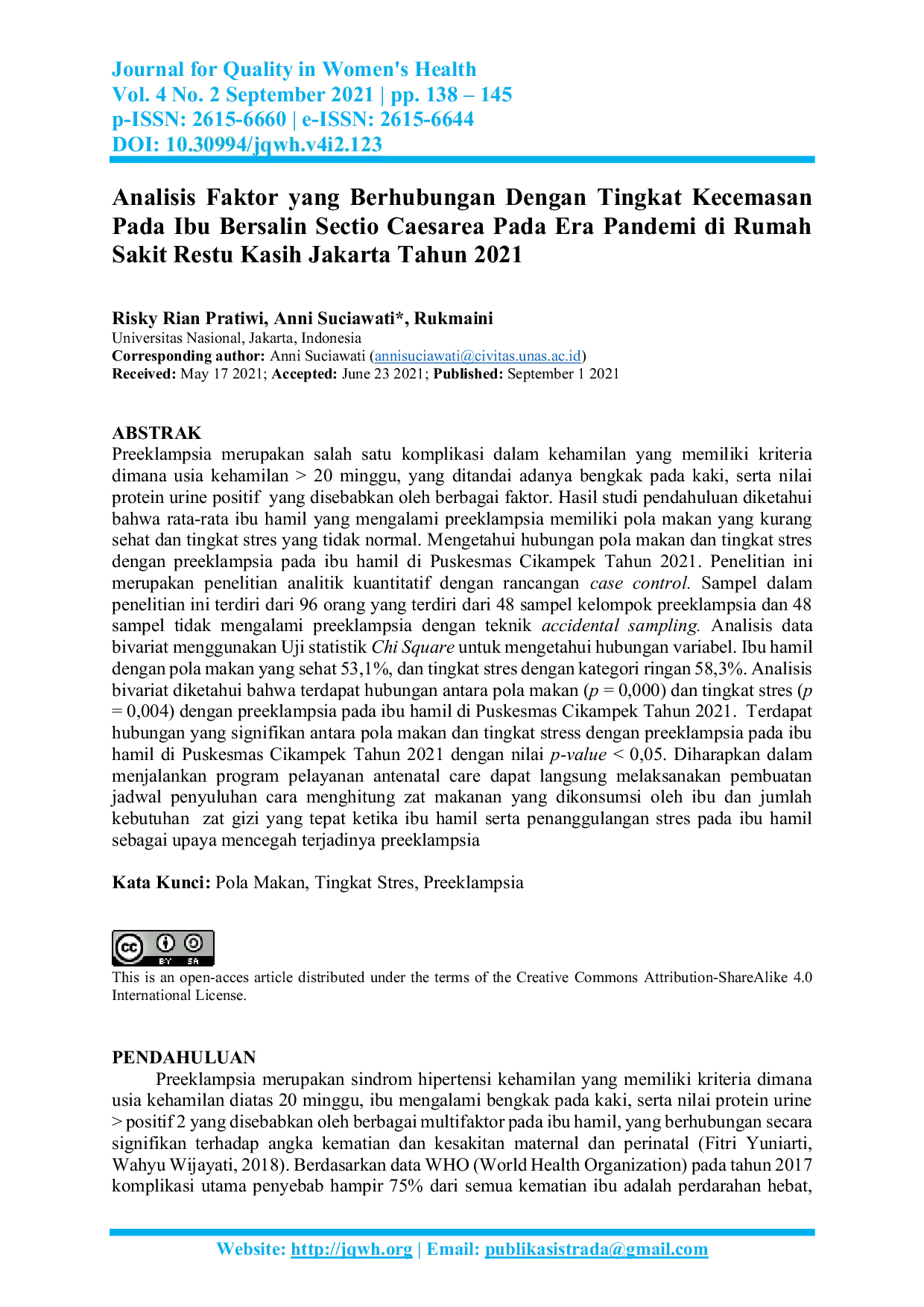 JURIS Analisis Faktor yang Berhubungan Dengan Tingkat Kecemasan Pada Ibu Bersalin Sectio Caesarea Pada Era Pandemi di Rumah Sakit Restu Kasih Jakarta Tahun 2021