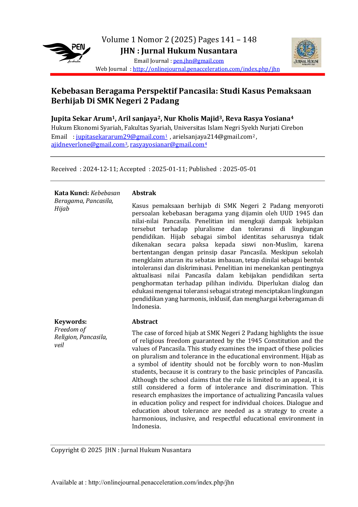 JURIS Kebebasan Beragama Perspektif Pancasila Studi Kasus Pemaksaan Berhijab Di SMK Negeri 2 Padang