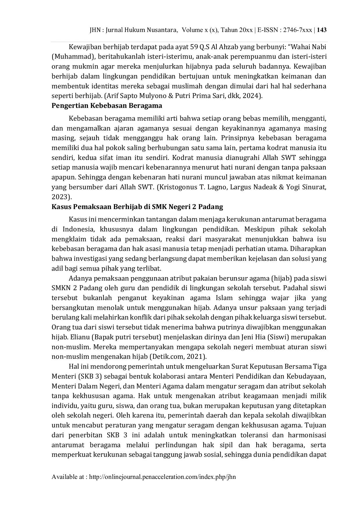 JURIS Kebebasan Beragama Perspektif Pancasila Studi Kasus Pemaksaan Berhijab Di SMK Negeri 2 Padang