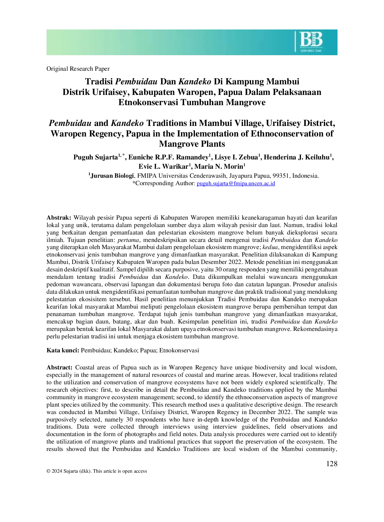 JURIS Tradisi Pembuidau Dan Kandeko Di Kampung Mambui Distrik Urifaisey Kabupaten Waropen Papua Dalam Pelaksanaan Etnokonservasi Tumbuhan Mangrove