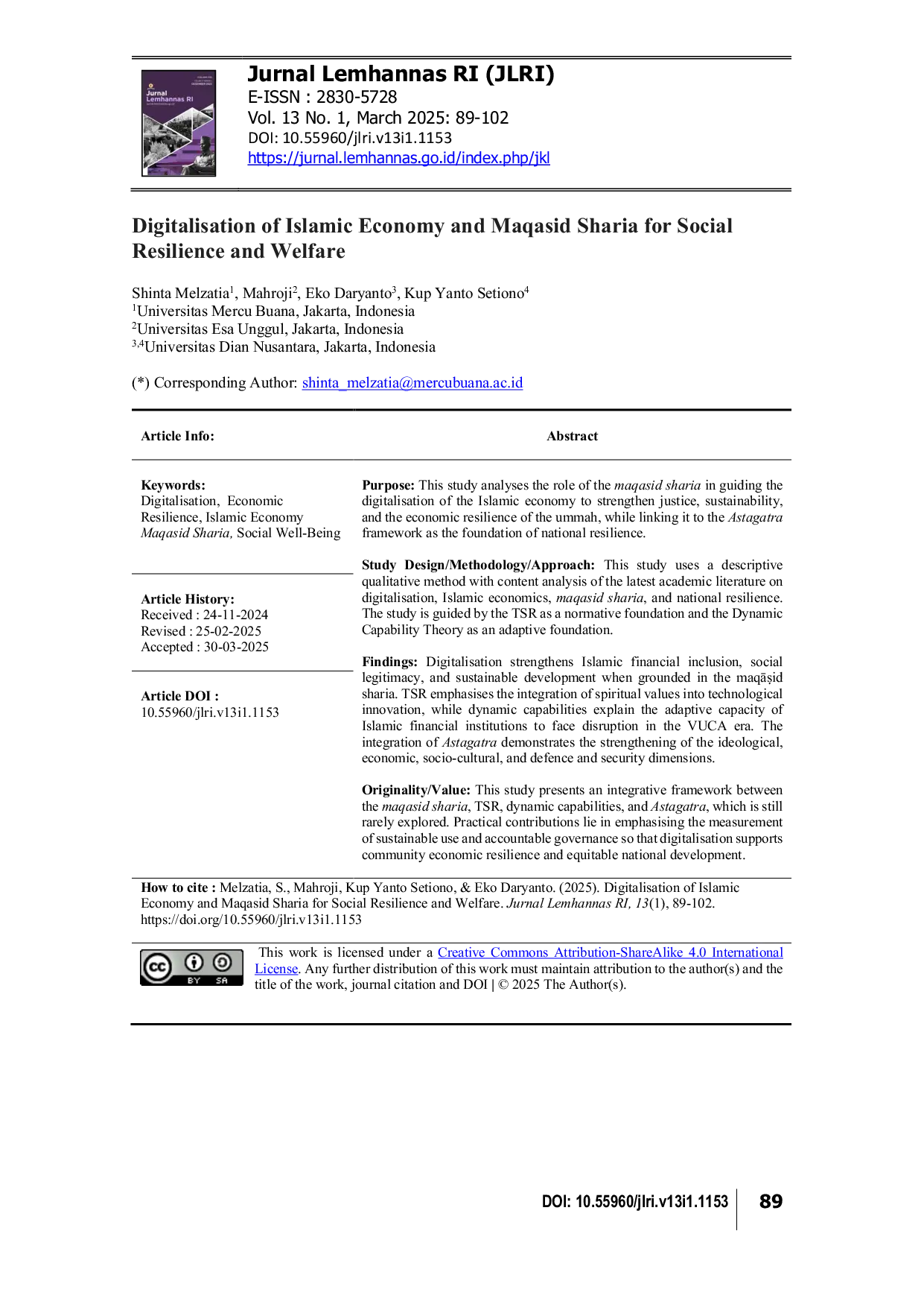 JURIS Digitalisation of Islamic Economy and Maqasid Sharia for Social Resilience and Welfare