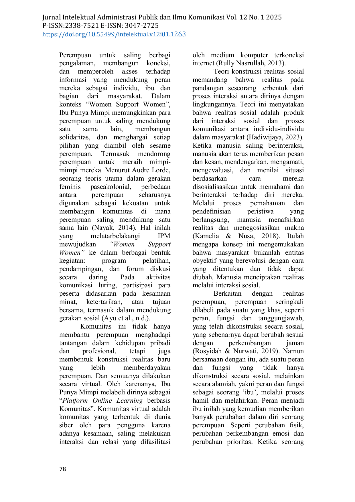 JURIS Women Support Women dan Transformasi Digital Konstruksi Realitas Sosial pada Komunitas Daring Ibu Punya Mimpi