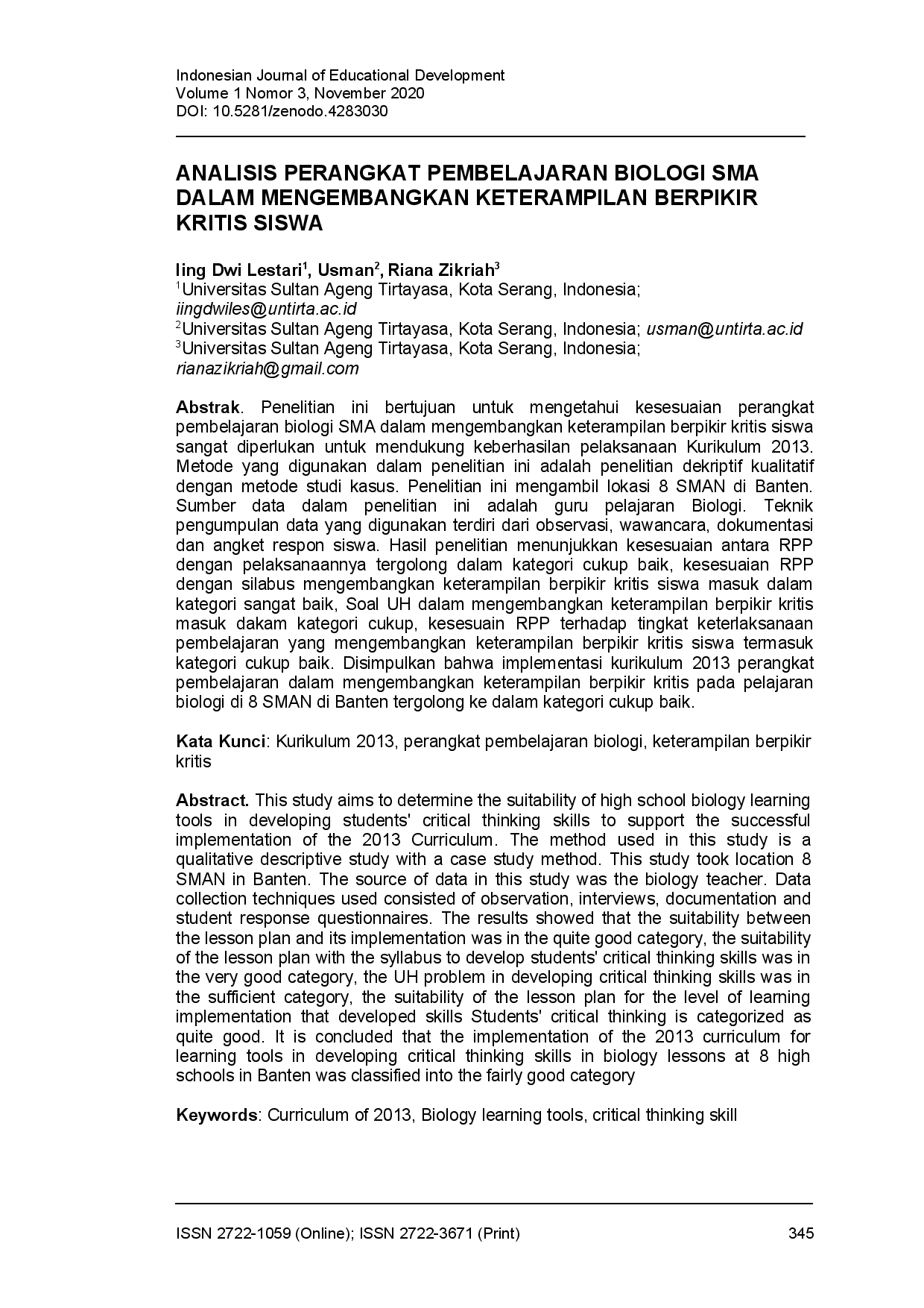 juris Analisis perangkat pembelajaran biologi SMA dalam mengembangkan keterampilan berpikir kritis siswa