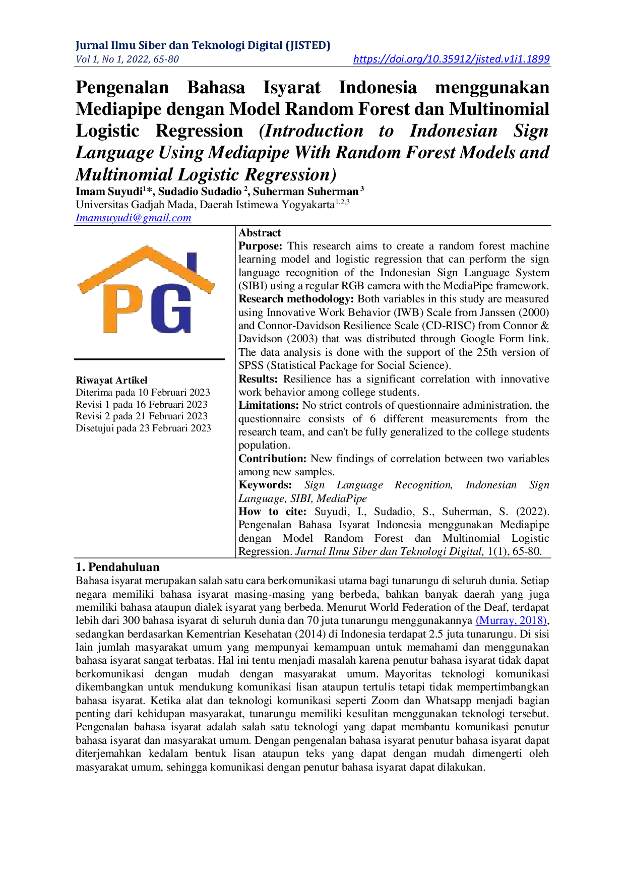 JURIS Pengenalan Bahasa Isyarat Indonesia menggunakan Mediapipe dengan Model Random Forest dan Multinomial Logistic Regression