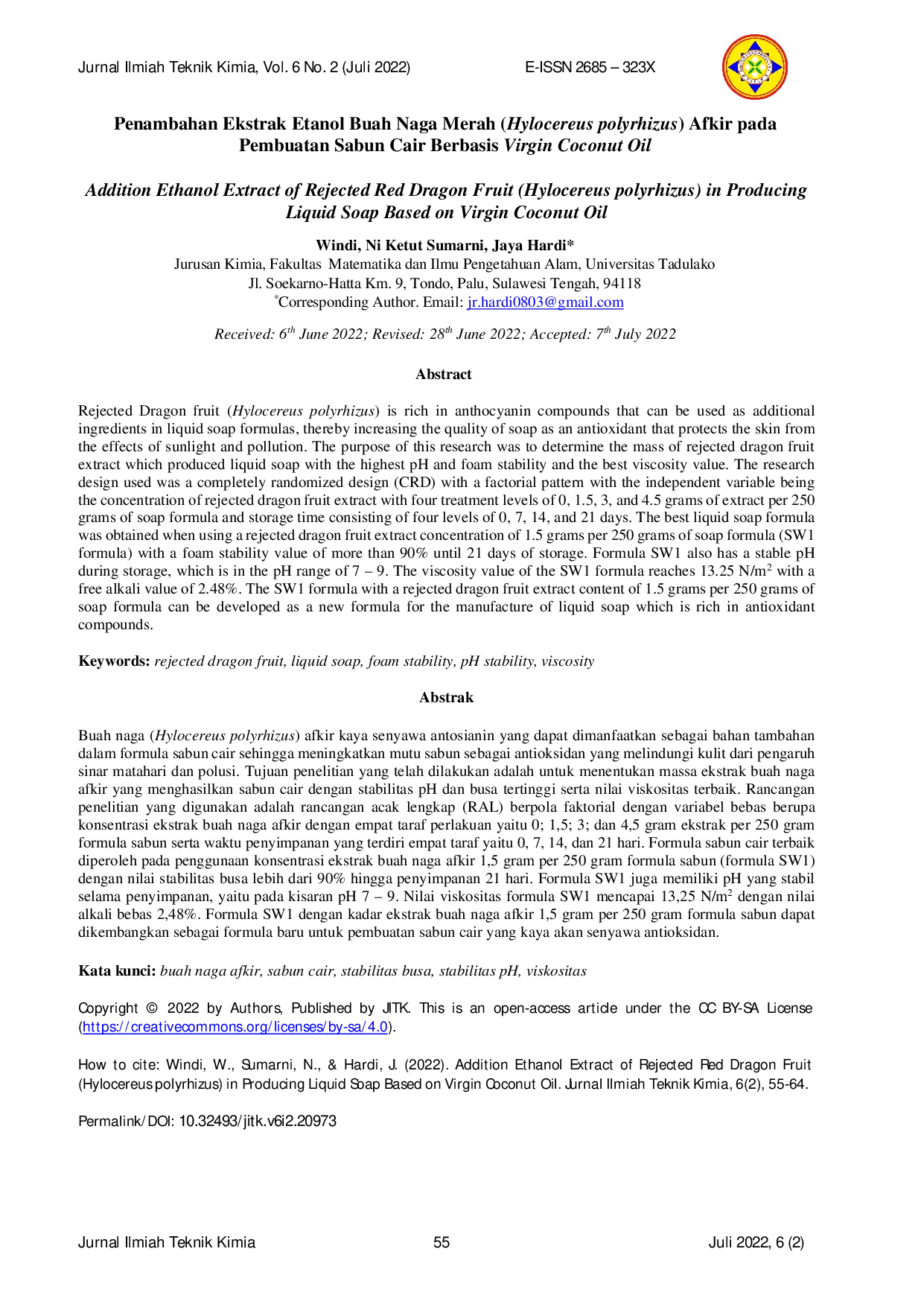 JURIS Penambahan Ekstrak Etanol Buah Naga Merah Hylocereus polyrhizus Afkir pada Pembuatan Sabun Cair Berbasis Virgin Coconut Oil