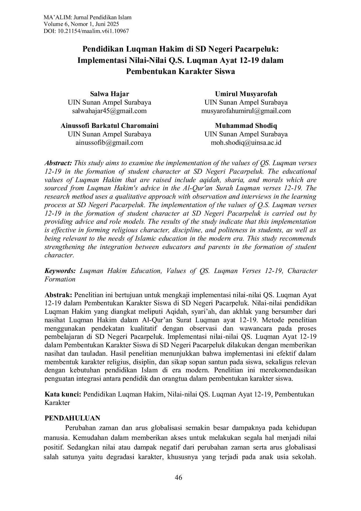 JURIS Pendidikan Luqman Hakim di SD Negeri Pacarpeluk Implementasi Nilai Nilai Q S Luqman Ayat 12 19 dalam Pembentukan Karakter Siswa