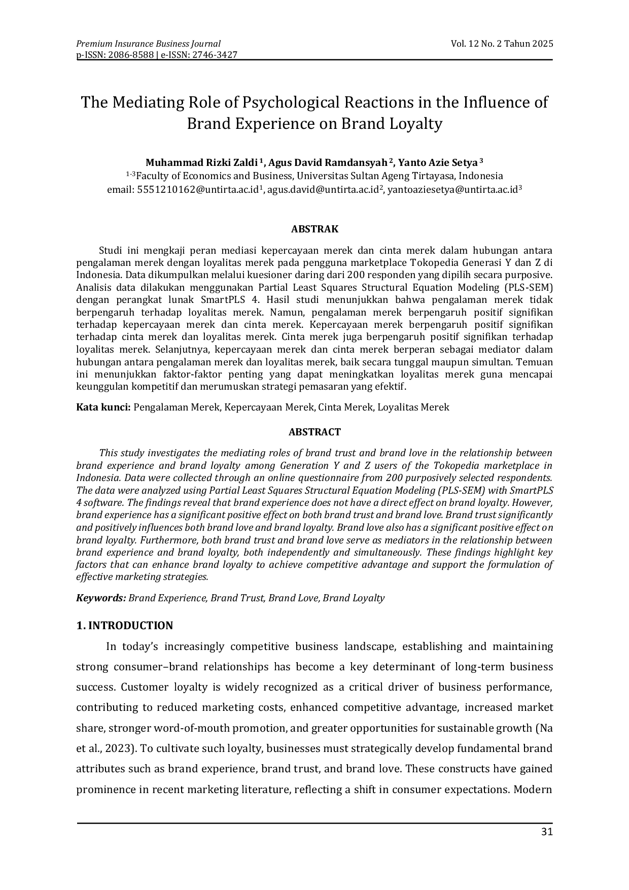 JURIS The Mediating Role of Psychological Reactions in the Influence of Brand Experience on Brand Loyalty