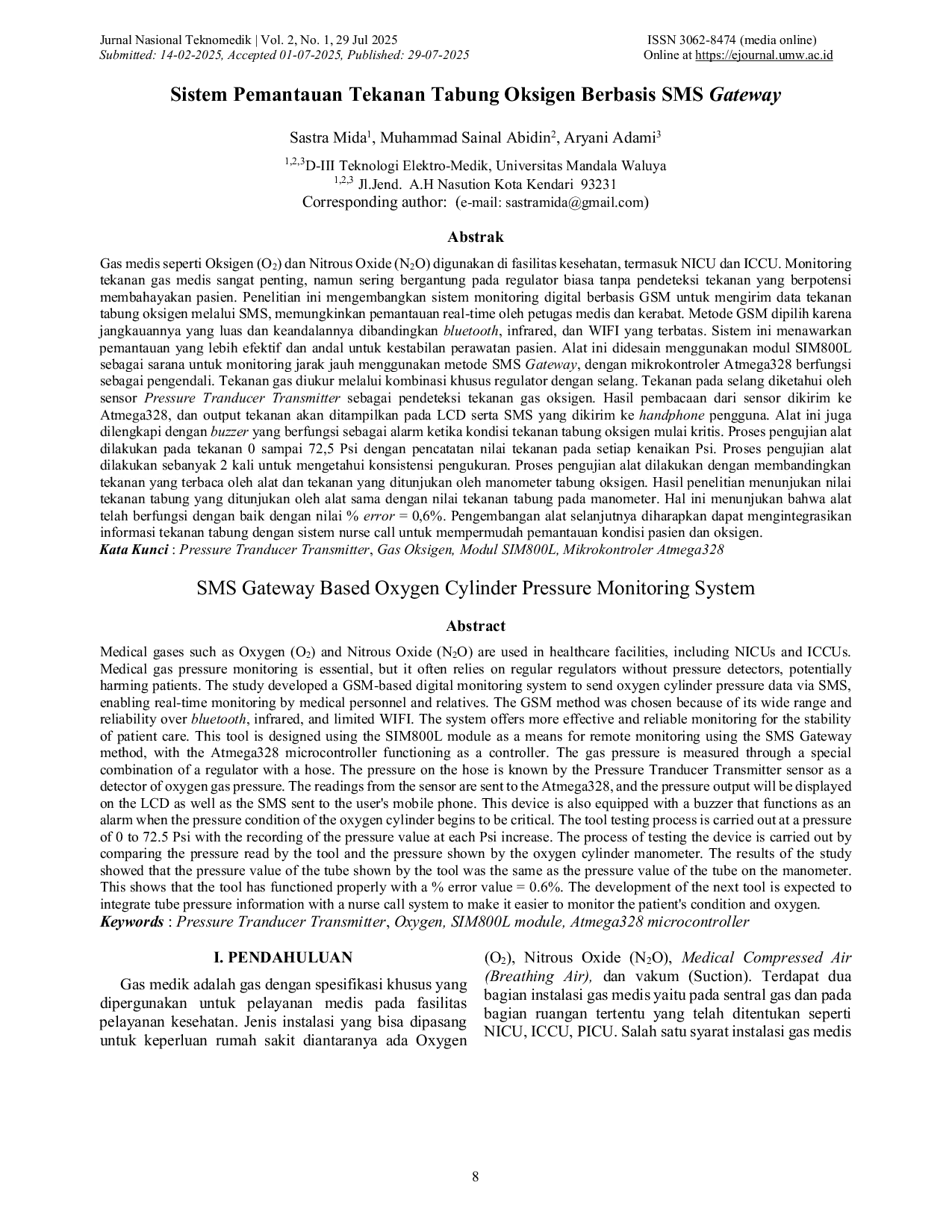 JURIS Sistem Pemantauan Tekanan Tabung Oksigen Berbasis SMS Gateway