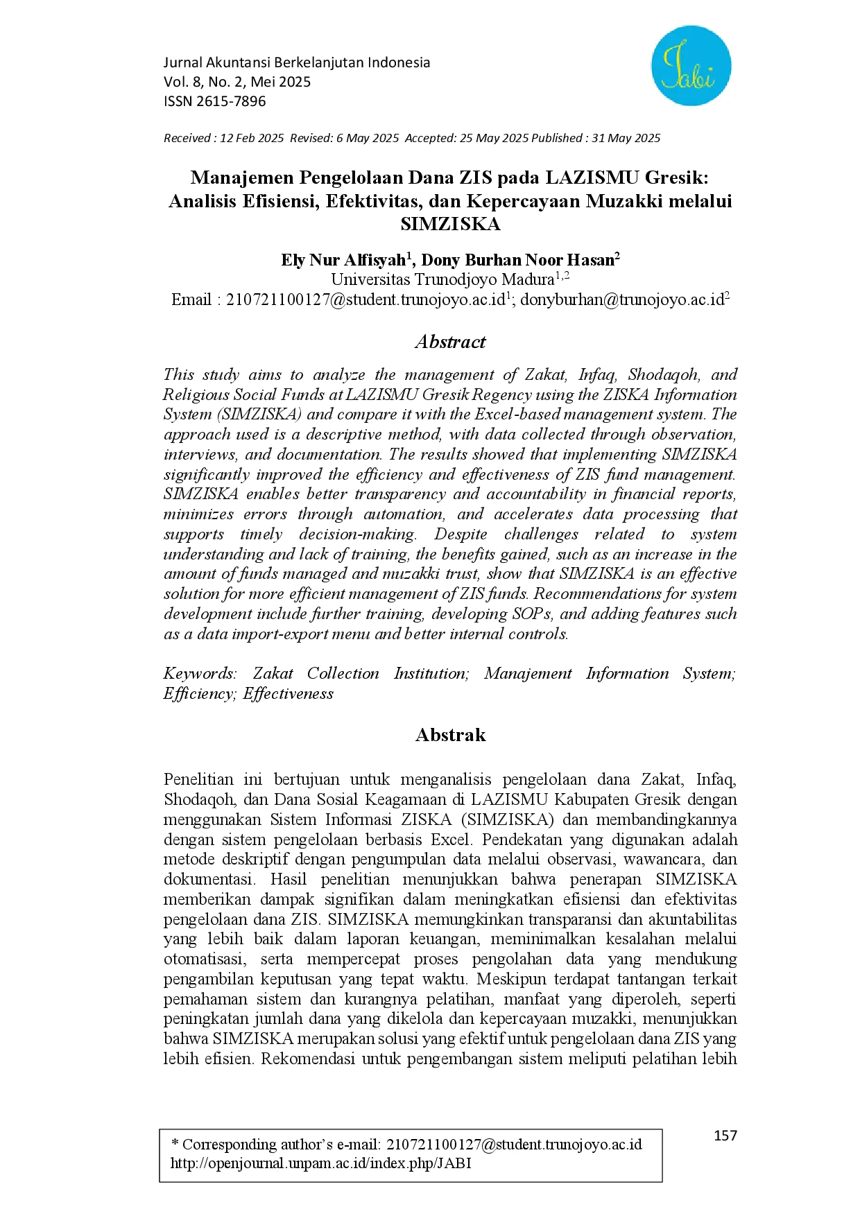 juris Manajemen Pengelolaan Dana ZIS pada LAZISMU Gresik Analisis Efisiensi Efektivitas dan Kepercayaan Muzakki melalui SIMZISKA