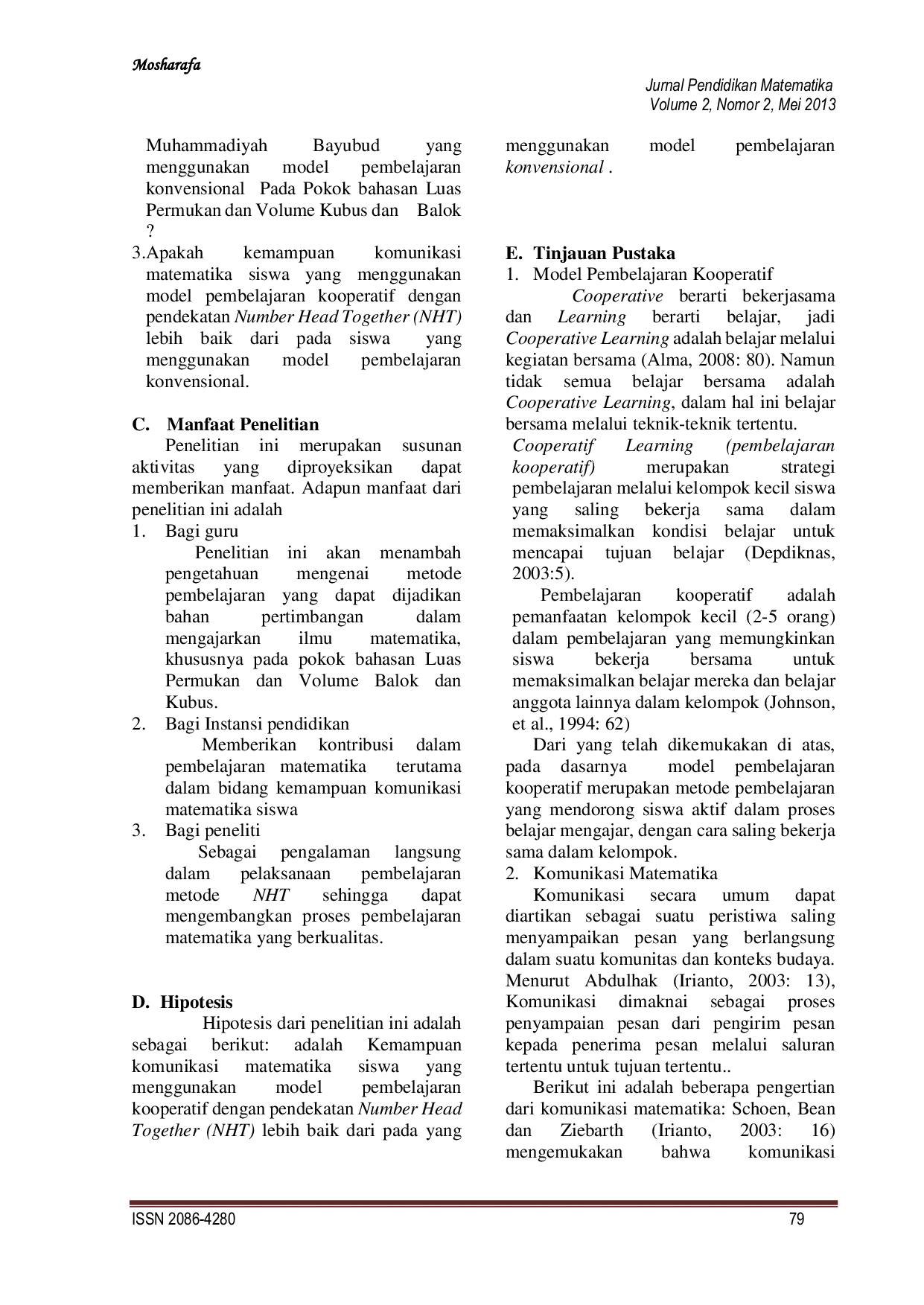 JURIS Pengaruh Model Pembelajaran Kooperatif Dengan Pendekatan Number Head Together NHT Terhadap Kemampuan Komunikasi Matematika Siswa Studi Kuasi Eksperimen pada Kelas VIII A dan VIII B di MTs Muhammad