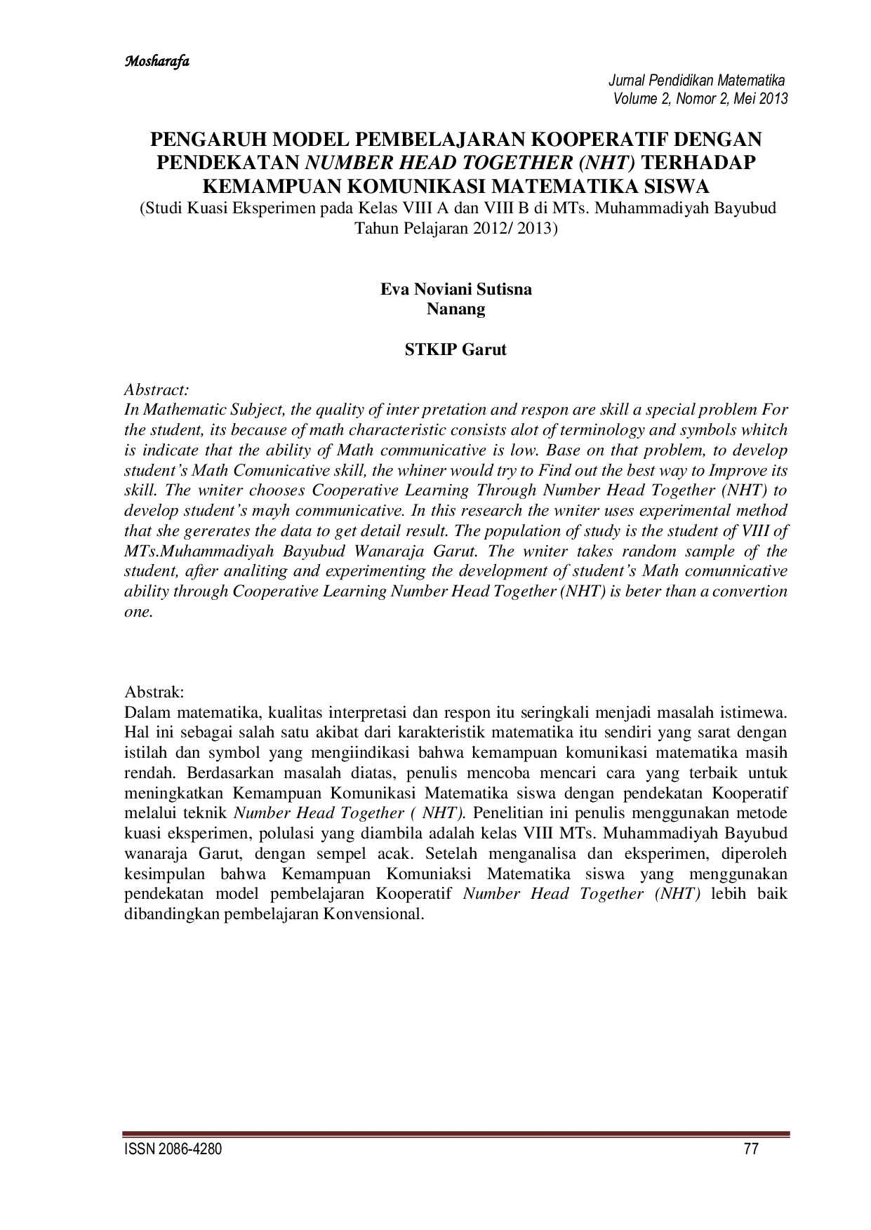 JURIS Pengaruh Model Pembelajaran Kooperatif Dengan Pendekatan Number Head Together NHT Terhadap Kemampuan Komunikasi Matematika Siswa Studi Kuasi Eksperimen pada Kelas VIII A dan VIII B di MTs Muhammad