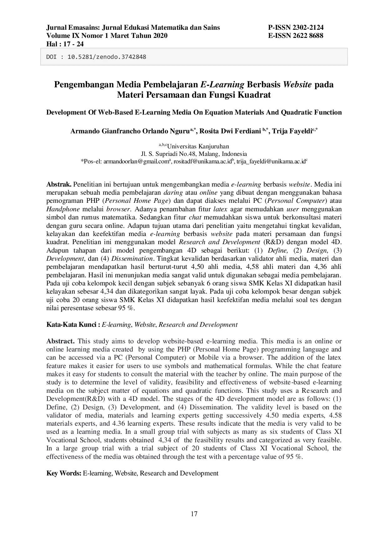 JURIS Development Of Web Based E Learning Media On Equation Materials And Quadratic Function