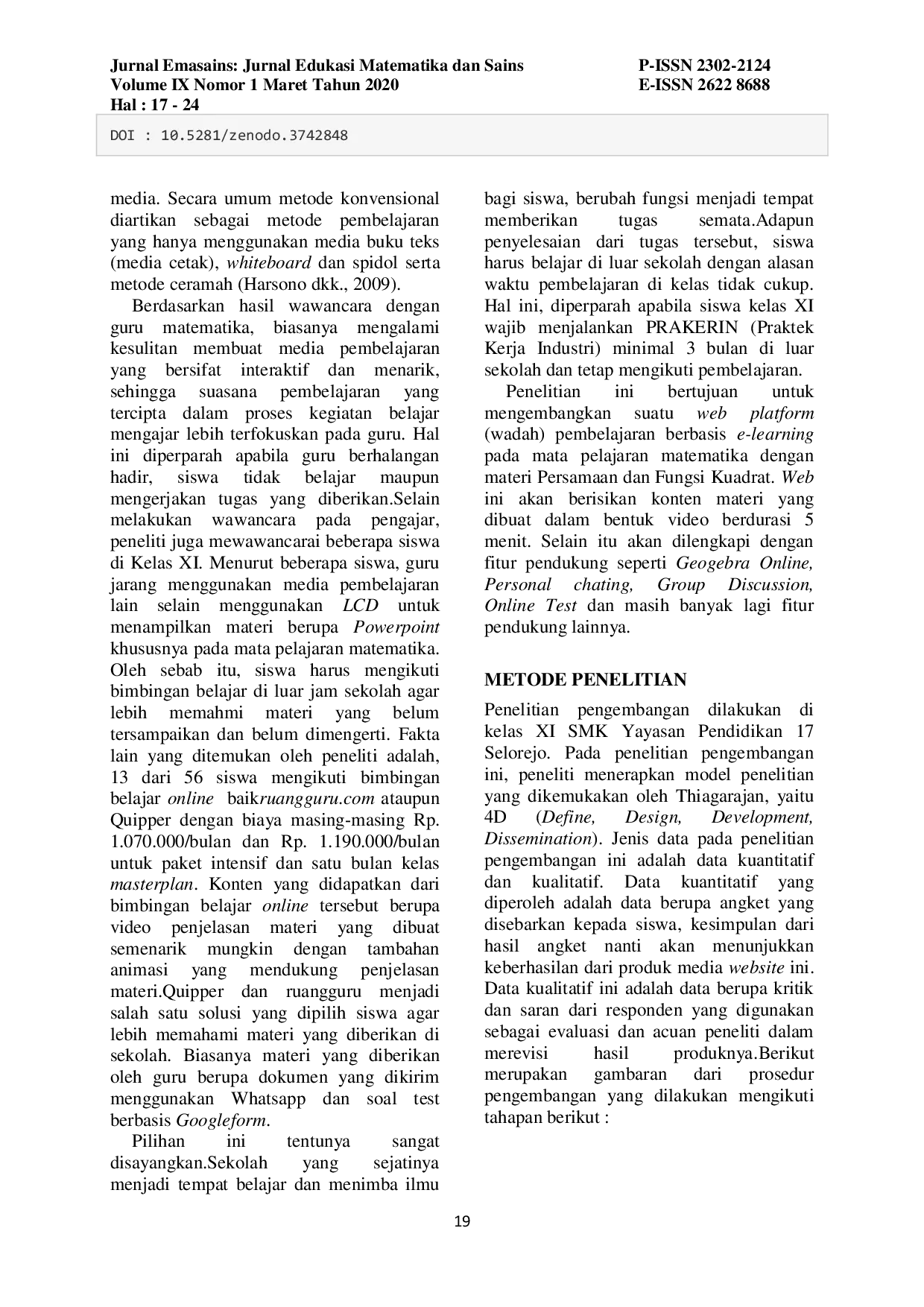JURIS Development Of Web Based E Learning Media On Equation Materials And Quadratic Function