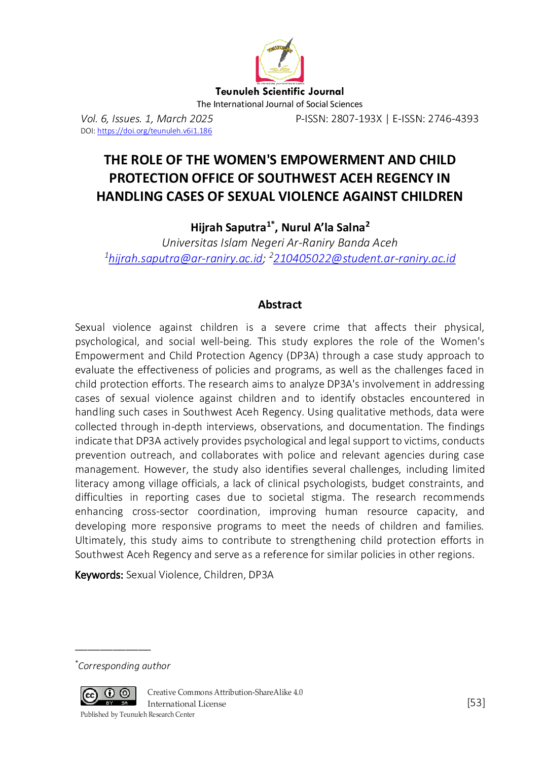 JURIS The Role of The Women s Empowerment and Child Protection Office of Southwest Aceh Regency in Handling Cases of Sexual Violence Against Children