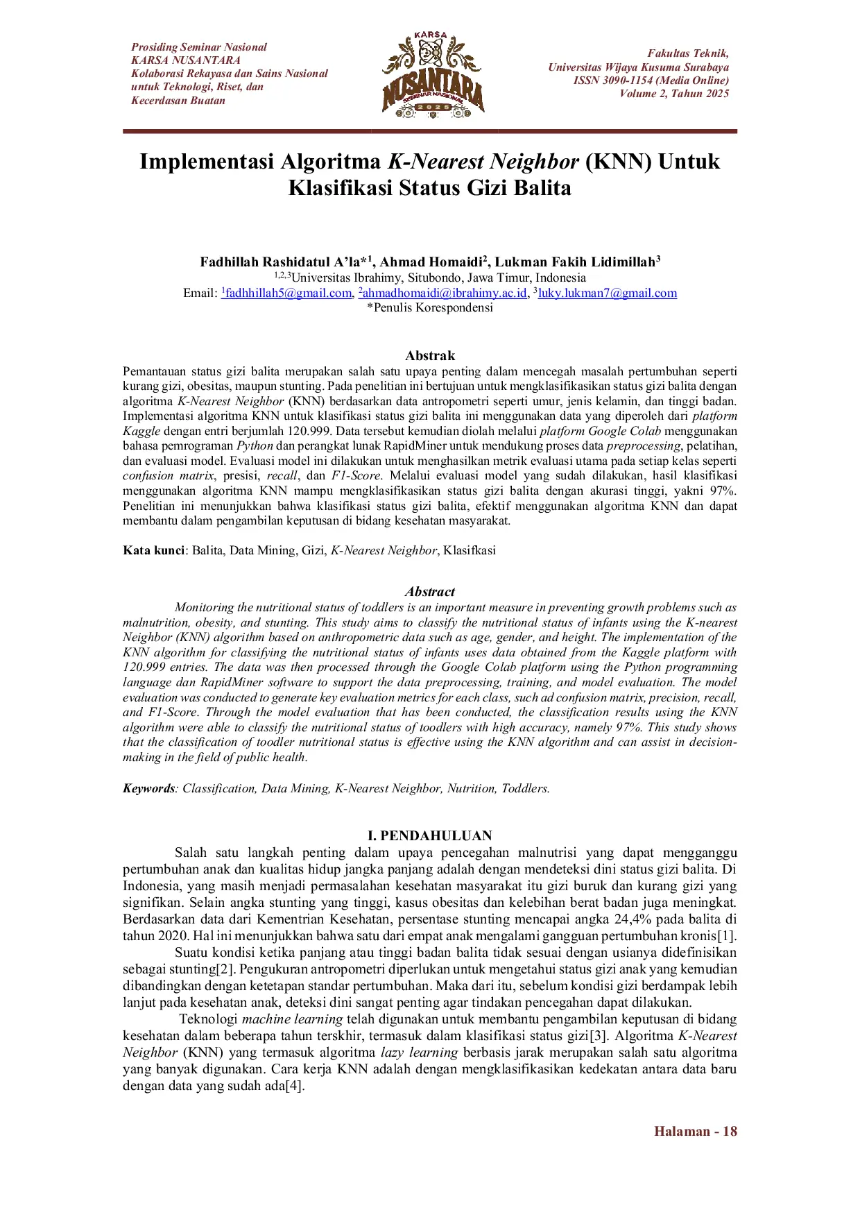JURIS Implementasi Algoritma K Nearest Neighbor KNN Untuk Klasifikasi Status Gizi Balita