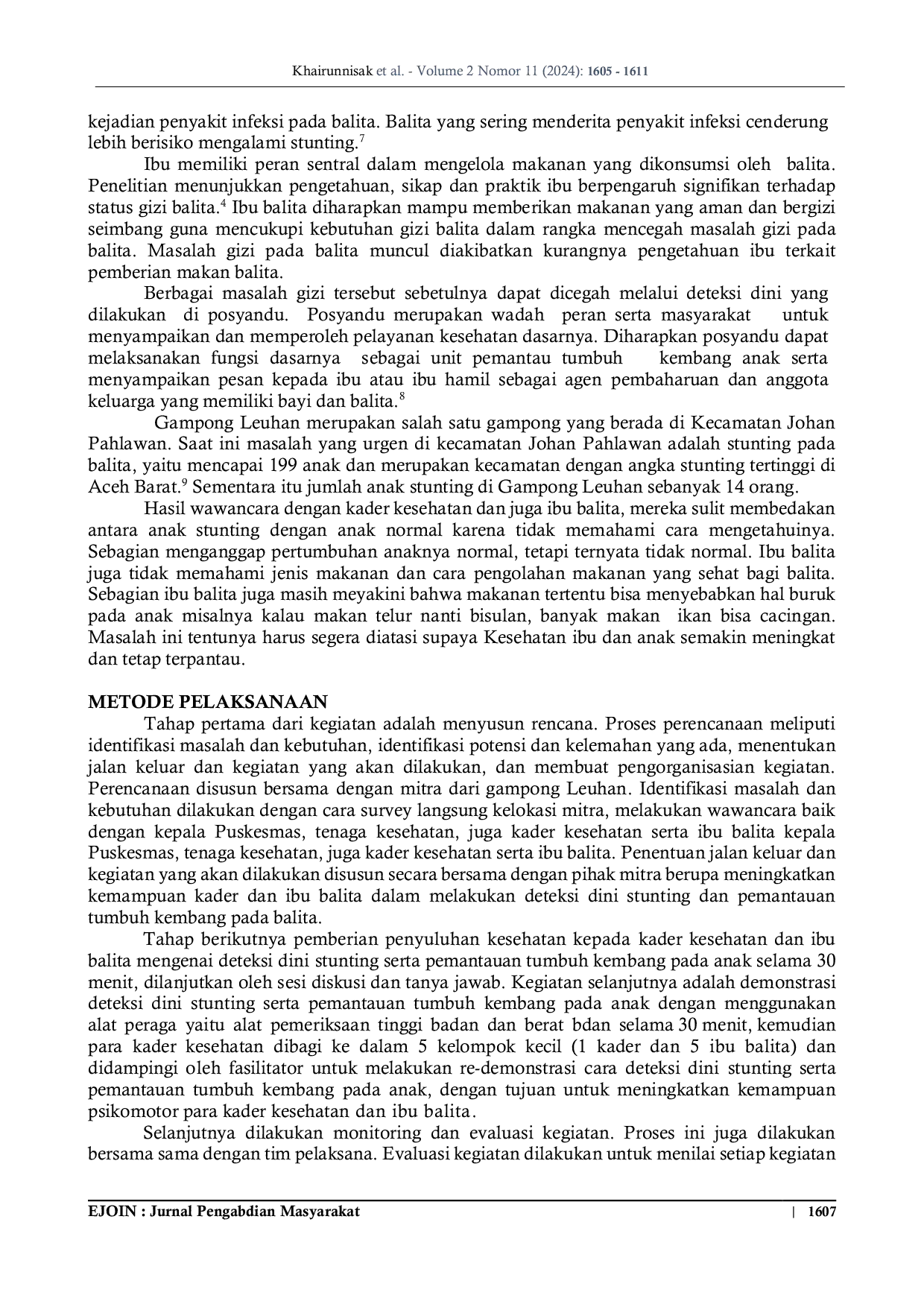 JURIS Pendidikan Kesehatan Tentang Deteksi Dini Stunting Dan Pemantauan Tumbuh Kembang Balita Pada Kader Kesehatan Dan Ibu Balita