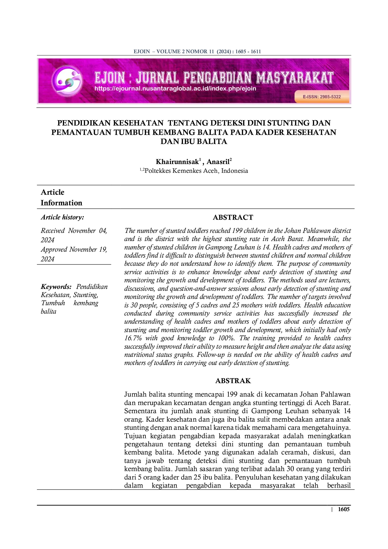 JURIS Pendidikan Kesehatan Tentang Deteksi Dini Stunting Dan Pemantauan Tumbuh Kembang Balita Pada Kader Kesehatan Dan Ibu Balita