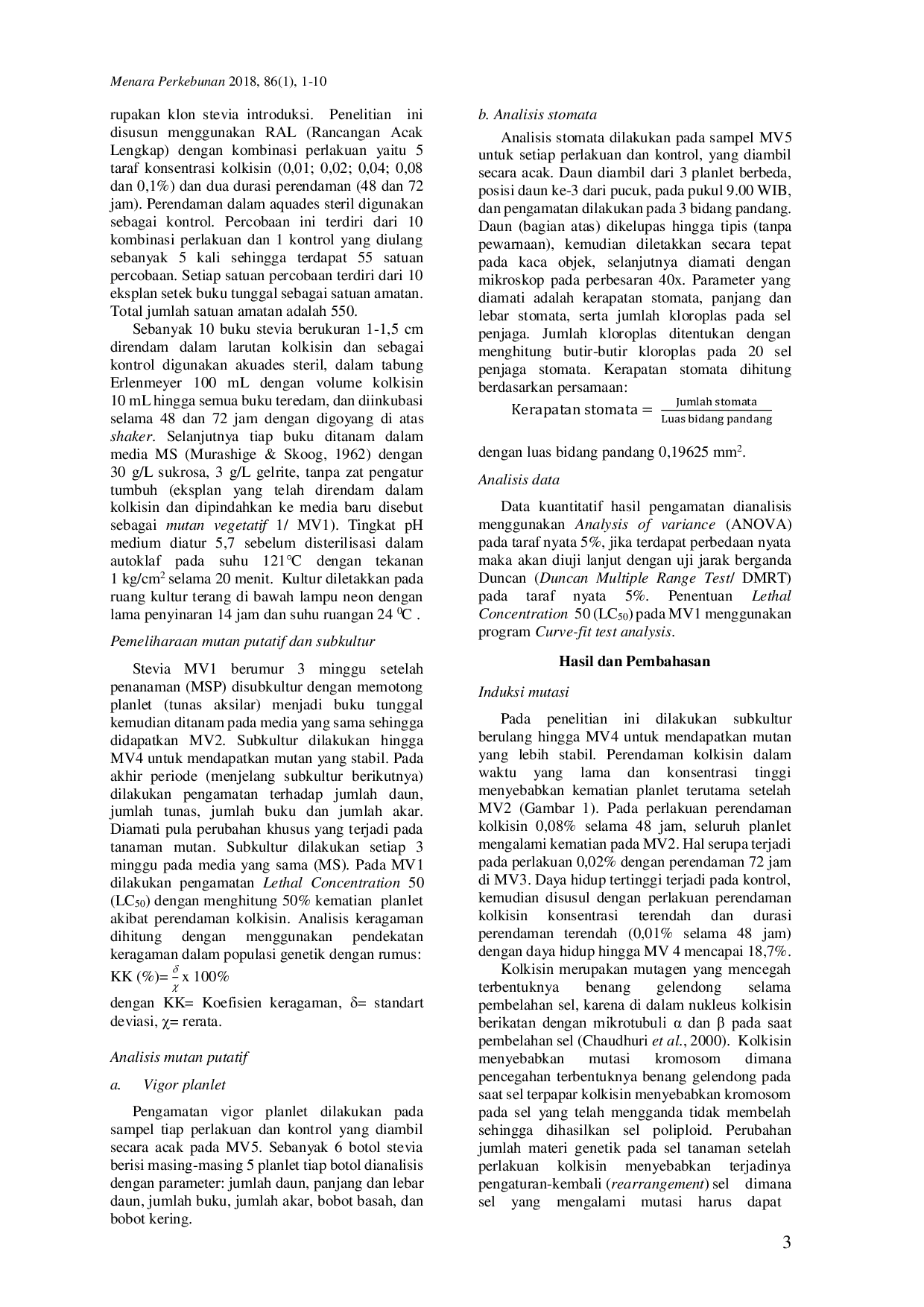JURIS Induksi Mutasi Stevia Rebaudiana Dengan Perendaman Kolkisin Secara In Vitro