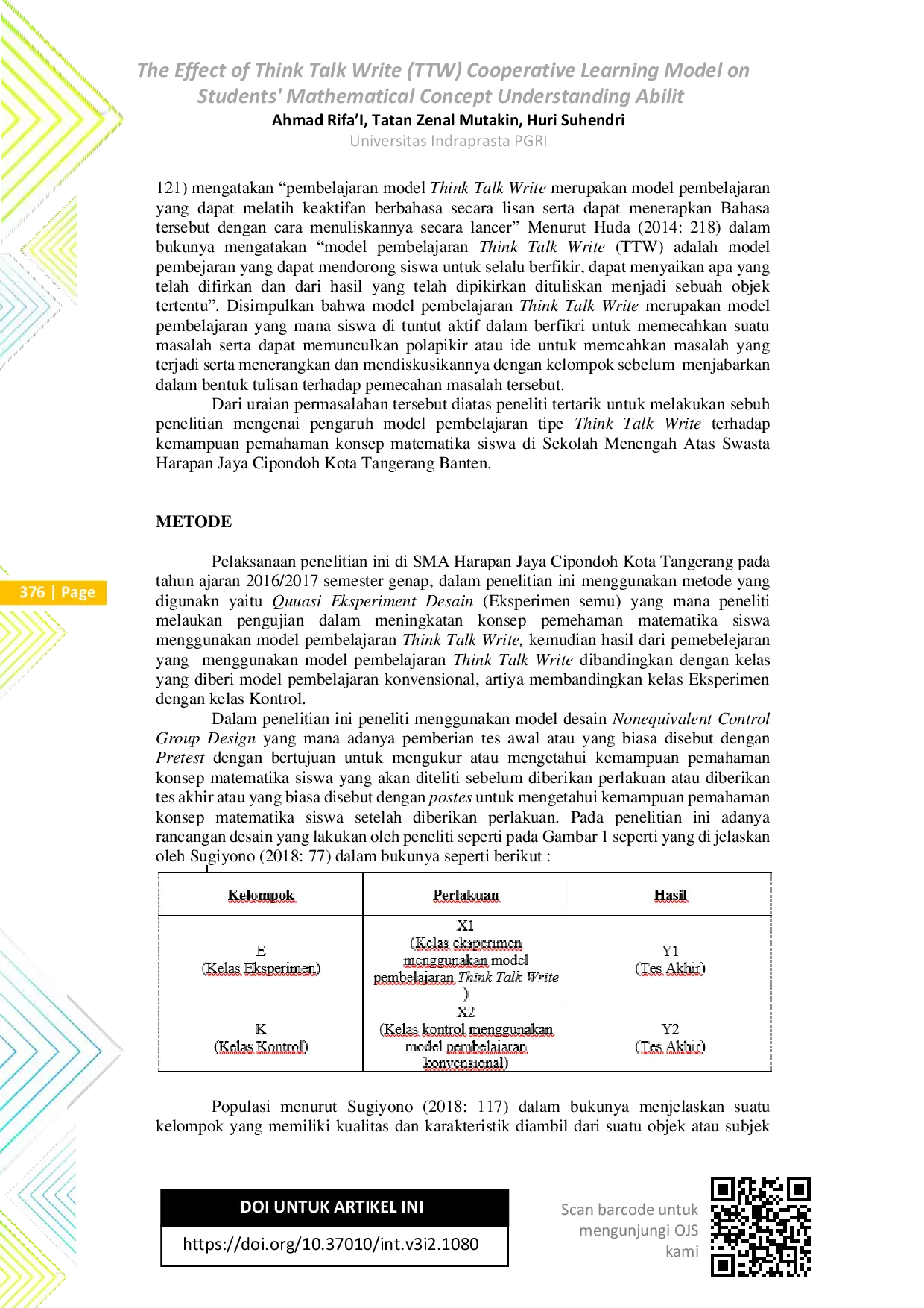 JURIS The Effect of Think Talk Write TTW Cooperative Learning Model on Students Mathematical Concept Understanding Ability