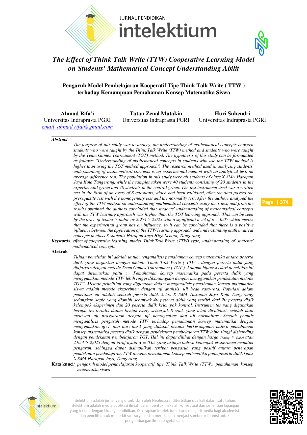 JURIS The Effect of Think Talk Write TTW Cooperative Learning Model on Students Mathematical Concept Understanding Ability