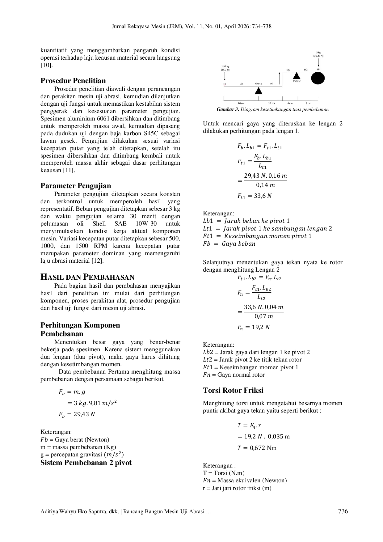 JURIS Design and Construction of an Aluminum Material Abrasion Testing Machine Against Oil Lubrication